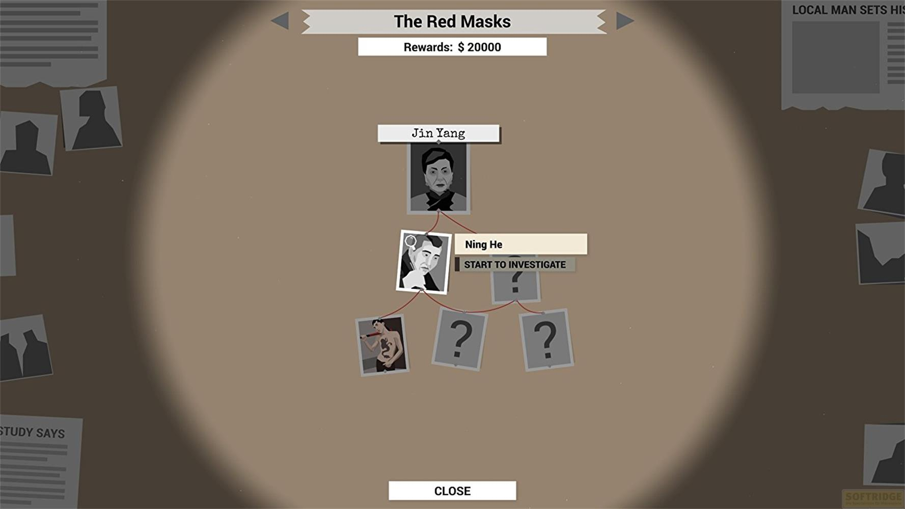 Menu gry wyświetla wykres ze zdjęciami osób i znakami zapytania.