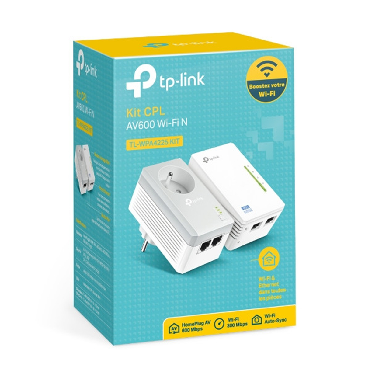 TP-Link Powerline Kit mit zwei Adaptern, einer weiß mit Steckdose, einer weiß mit Anschlüssen.