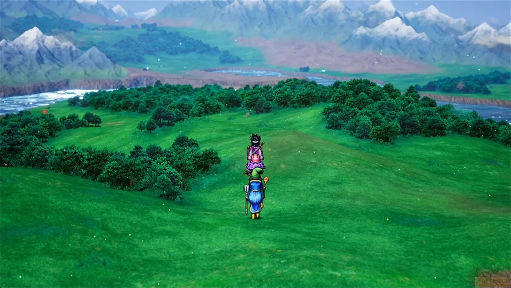 Due personaggi in un paesaggio verde con montagne e alberi.
