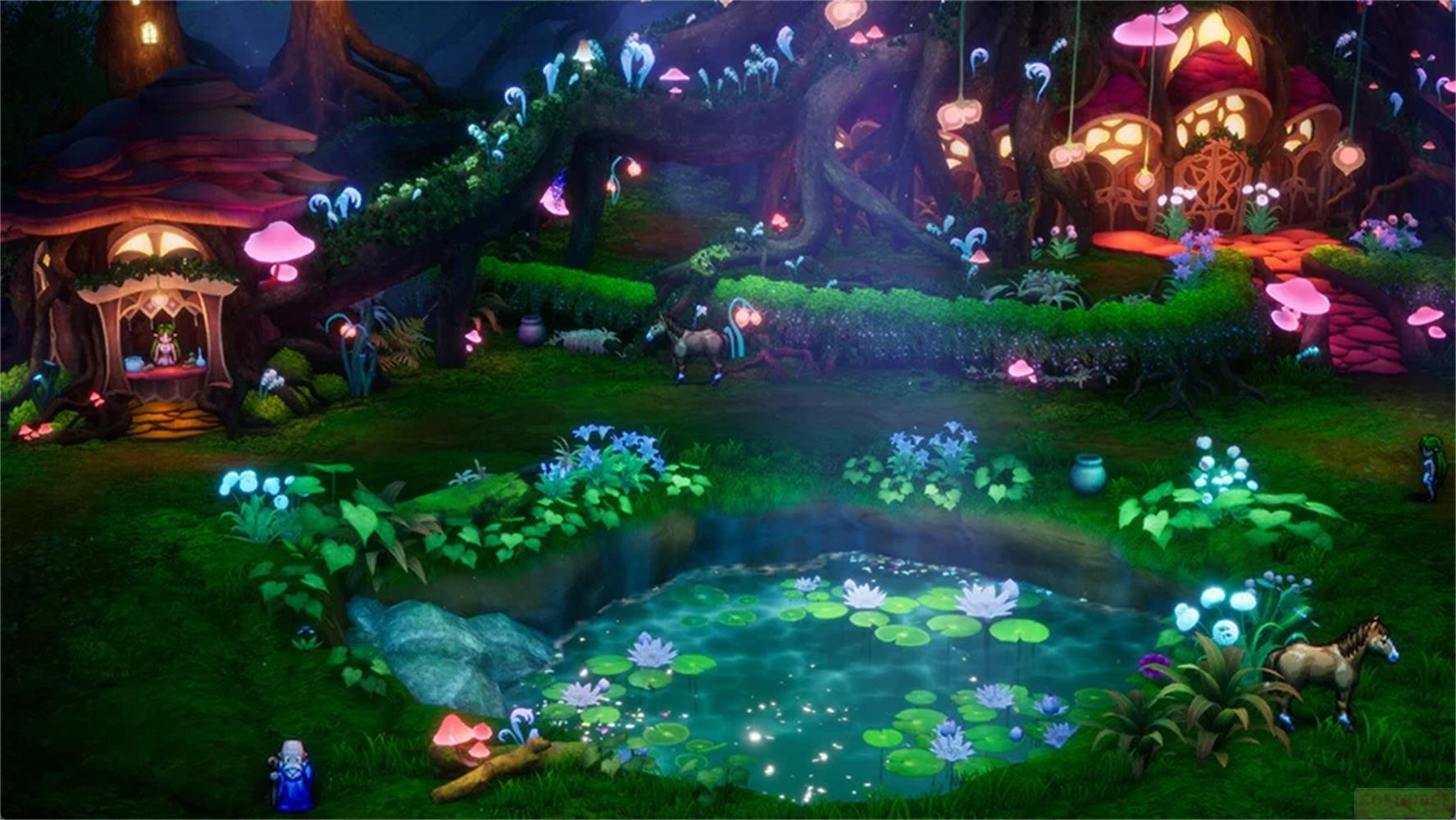 Scena di foresta fantasy con case di funghi luminose e uno stagno.