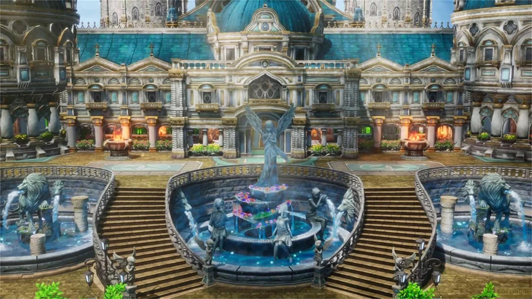 Un imponente complesso castellano con una fontana e statue di fronte alla facciata principale.