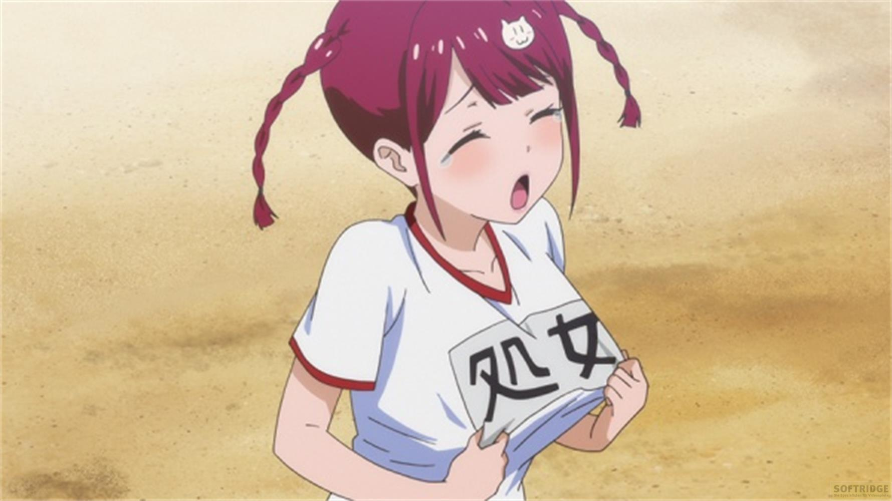 Ragazza anime con codini intrecciati magenta, indossa maglietta bianca con testo giapponese.