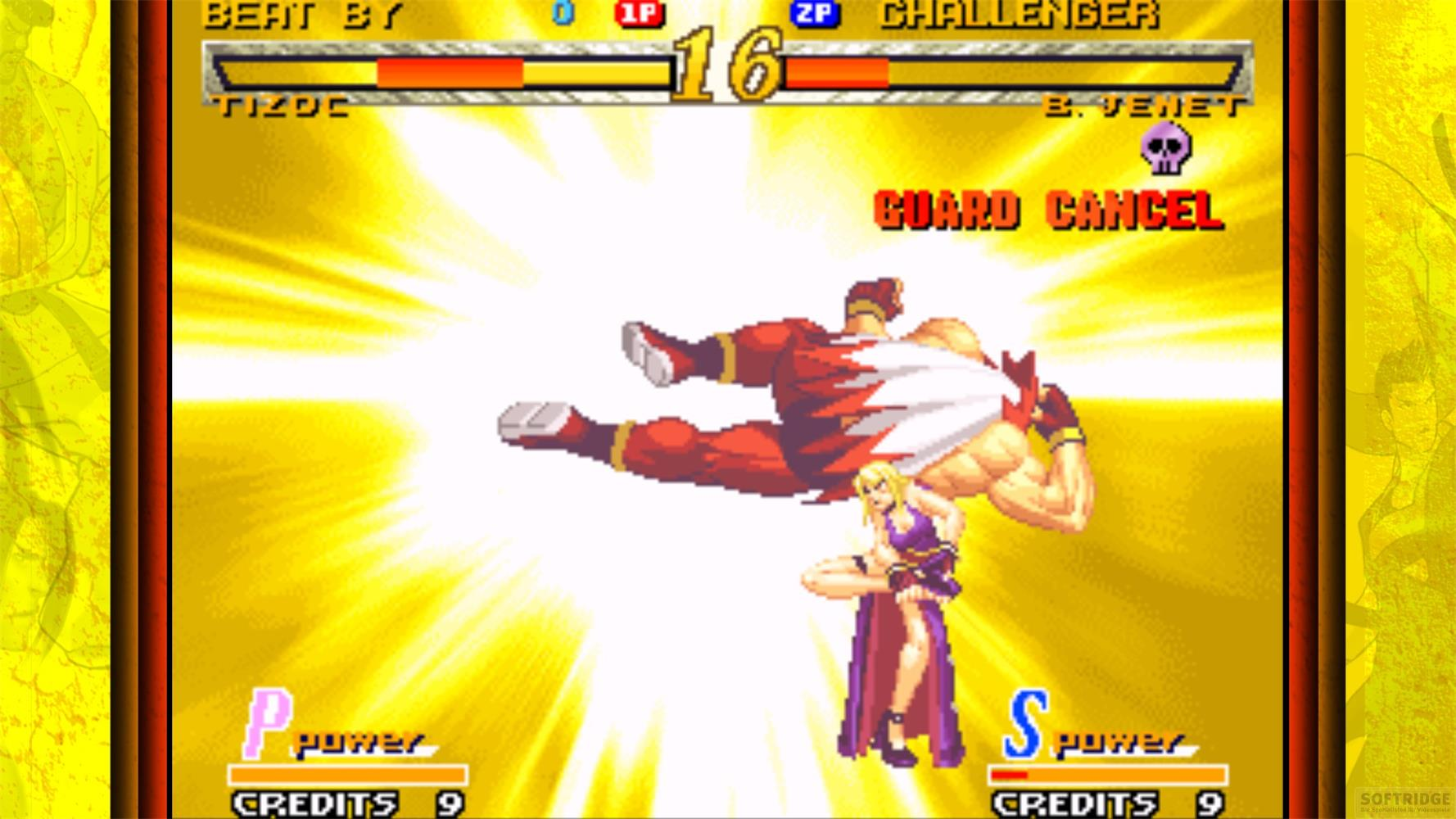 Scène de jeu de combat : Un homme en rouge vole, une femme en violet se tient debout.