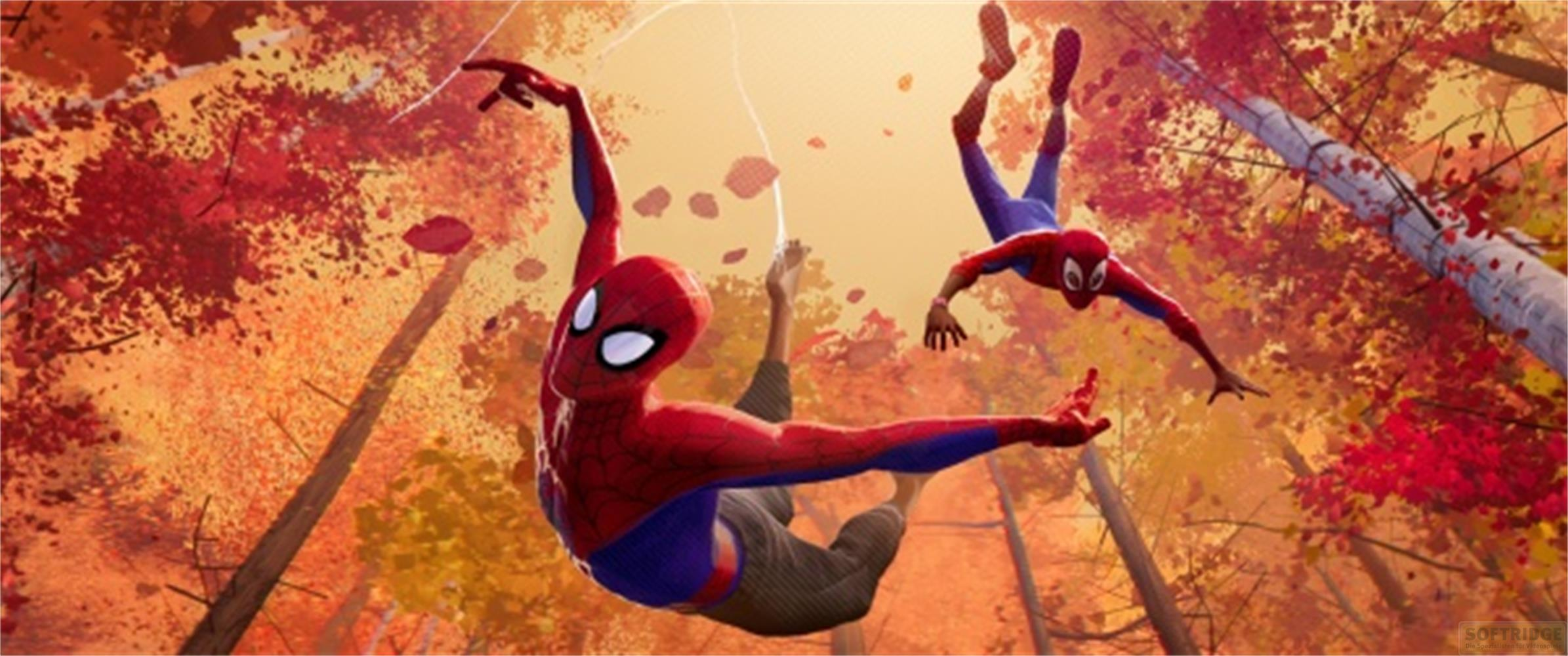 Due Spider-Man oscillano attraverso una foresta autunnale con foglie rosse e arancioni.