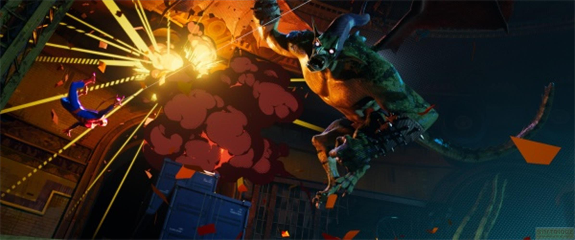 Spiderman combatte un goblin verde in mezzo a un'esplosione. Detriti volano.