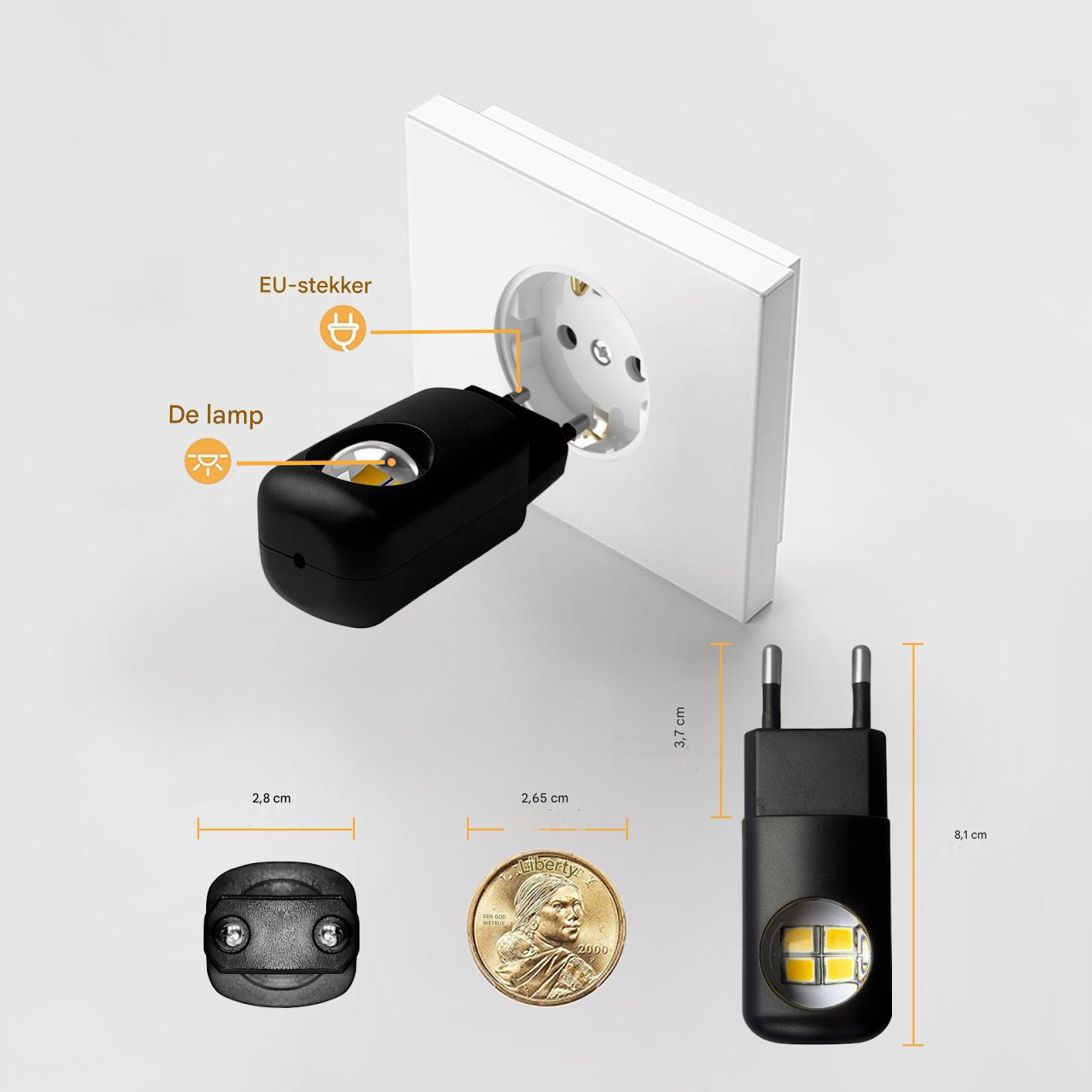 Ein EU-Stecker mit Lampe wird in eine Steckdose gesteckt. Maße sind angegeben.