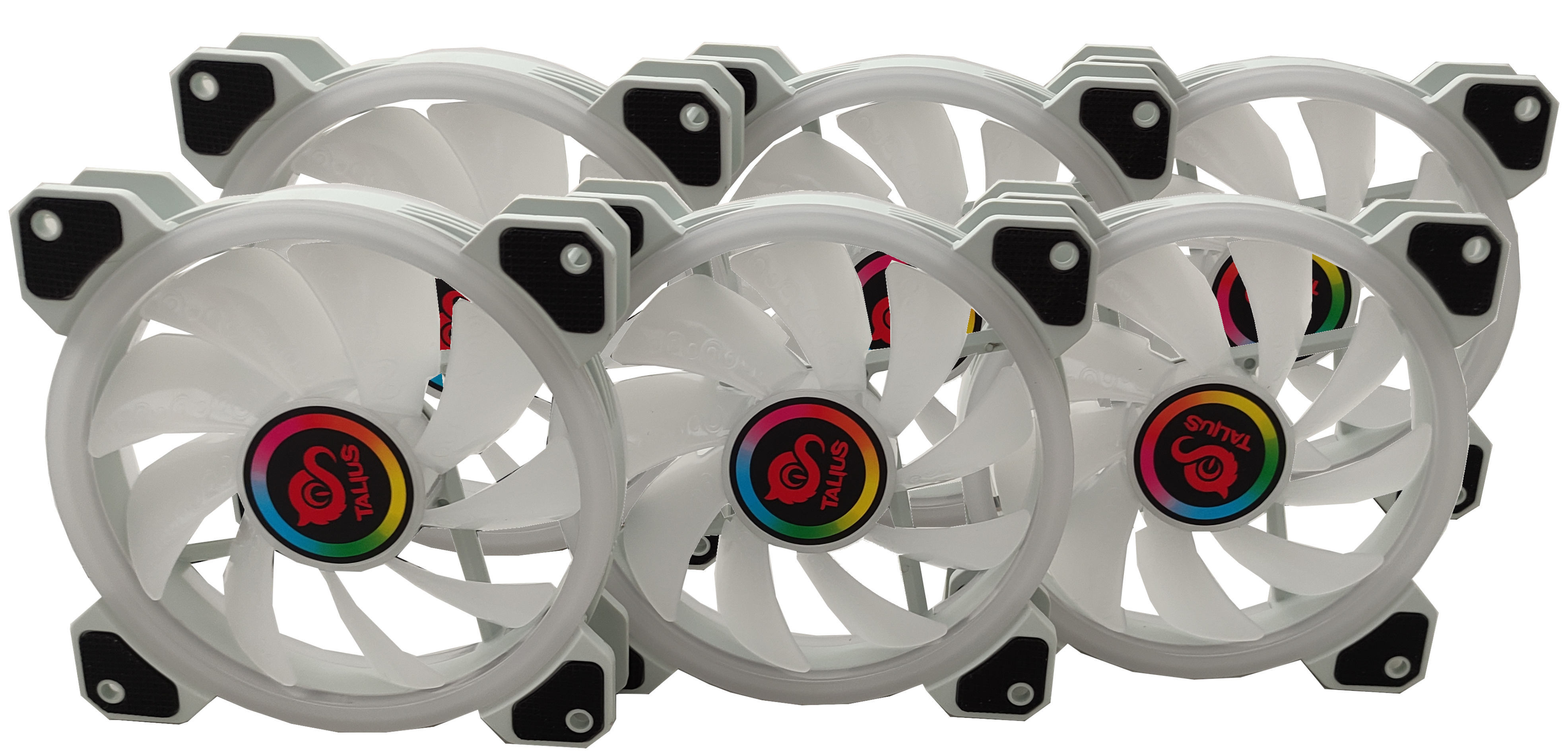 Seis ventiladores blancos de computadora con iluminación RGB y logos negros.