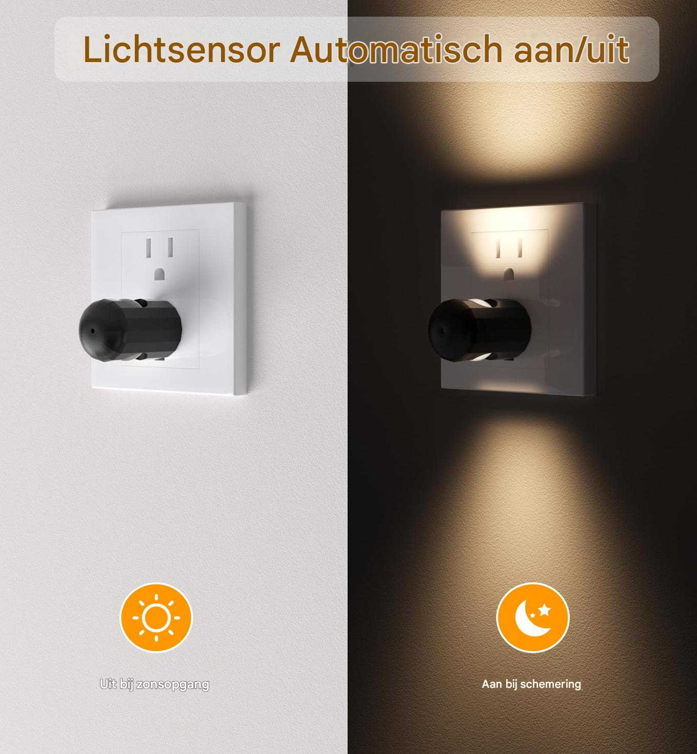 Ein Lichtsensor-Adapter in einer Steckdose, der bei Dunkelheit ein Licht abgibt.