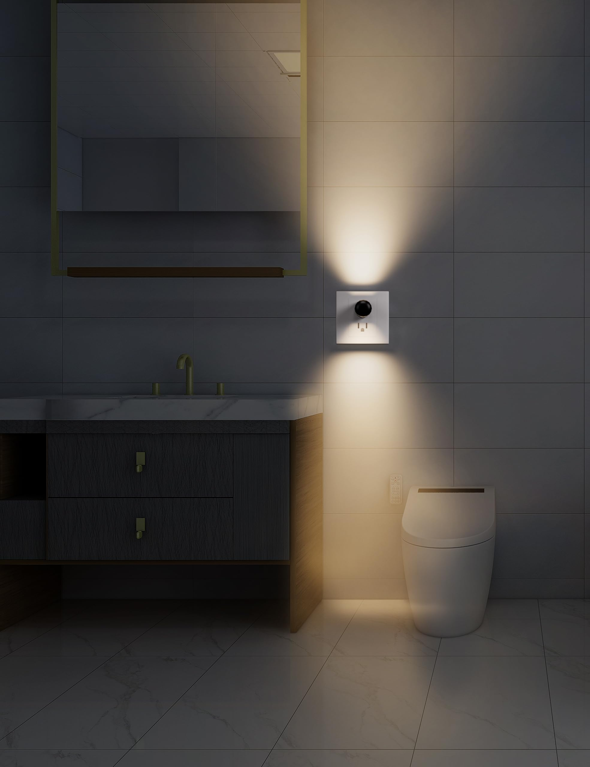 Modernes Badezimmer mit dunklem Waschtisch, Spiegel, Toilette und Wandleuchte.