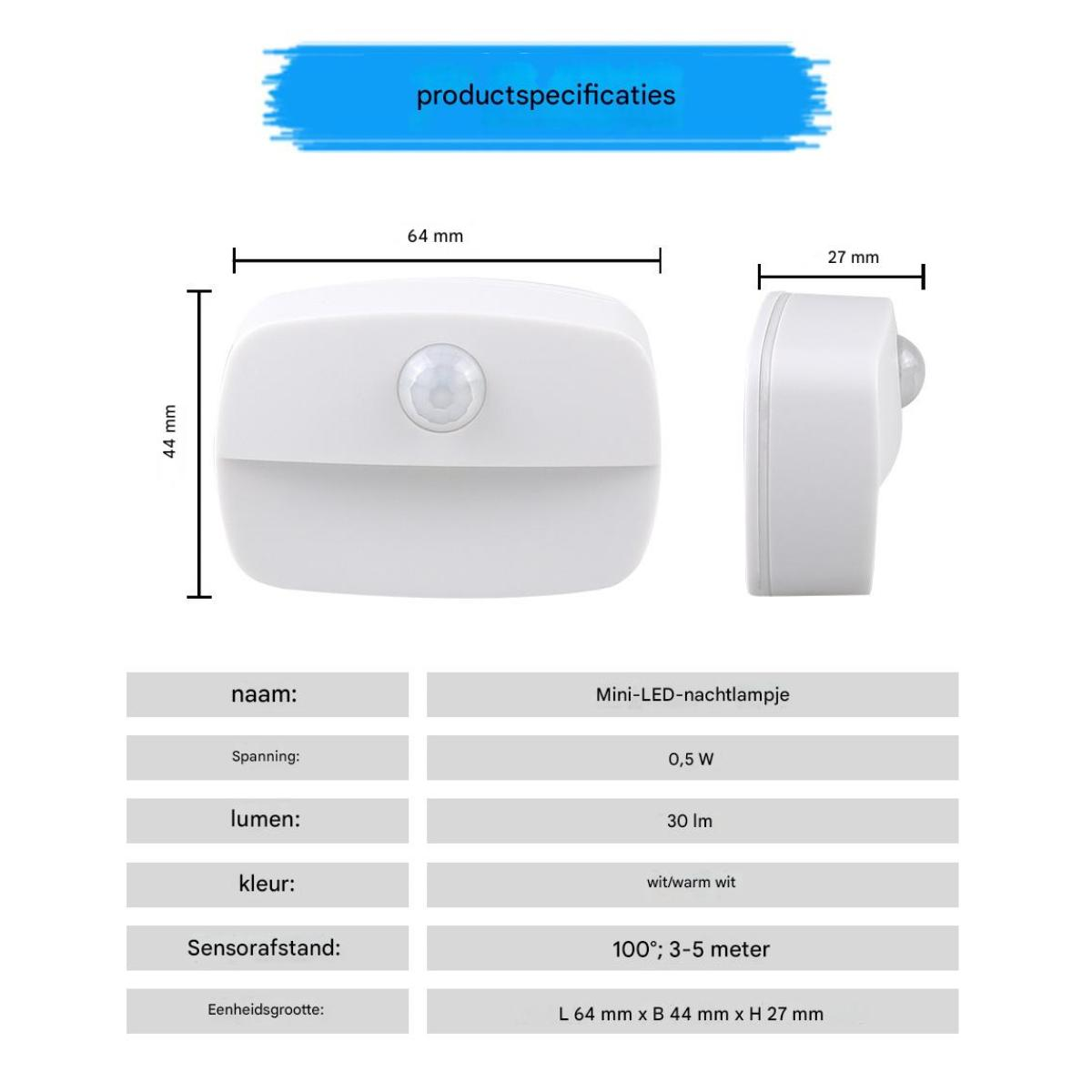 Luce notturna LED bianca con sensore di movimento. Dimensioni 64x44x27mm.