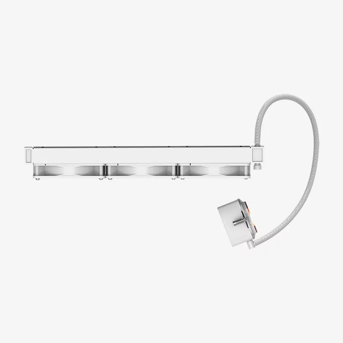 Un ventilador de PC blanco con cuatro aspas y un cable que conecta a un pequeño cilindro.