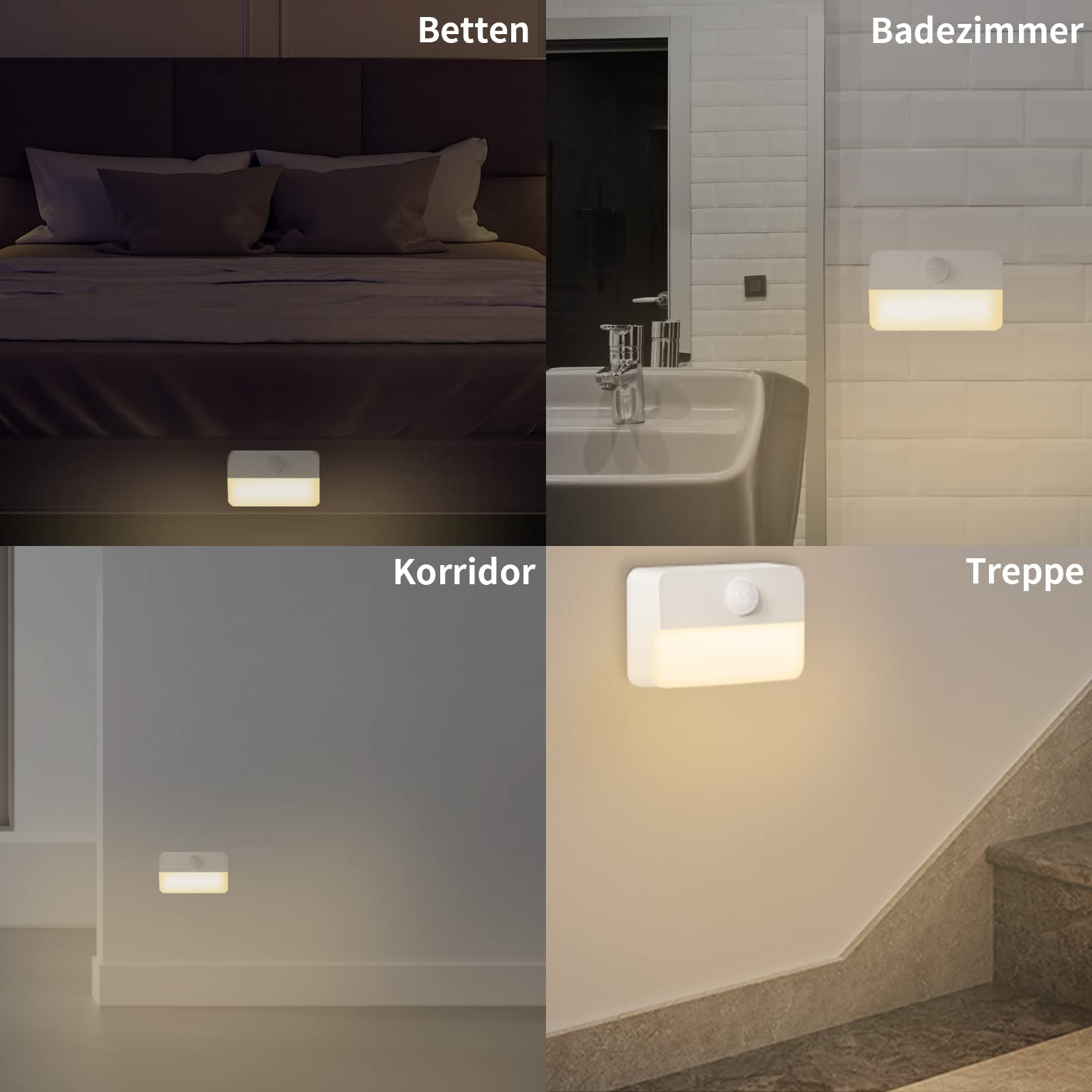 Vier Szenen: Bett, Bad, Flur, Treppe mit Nachtlichtern.