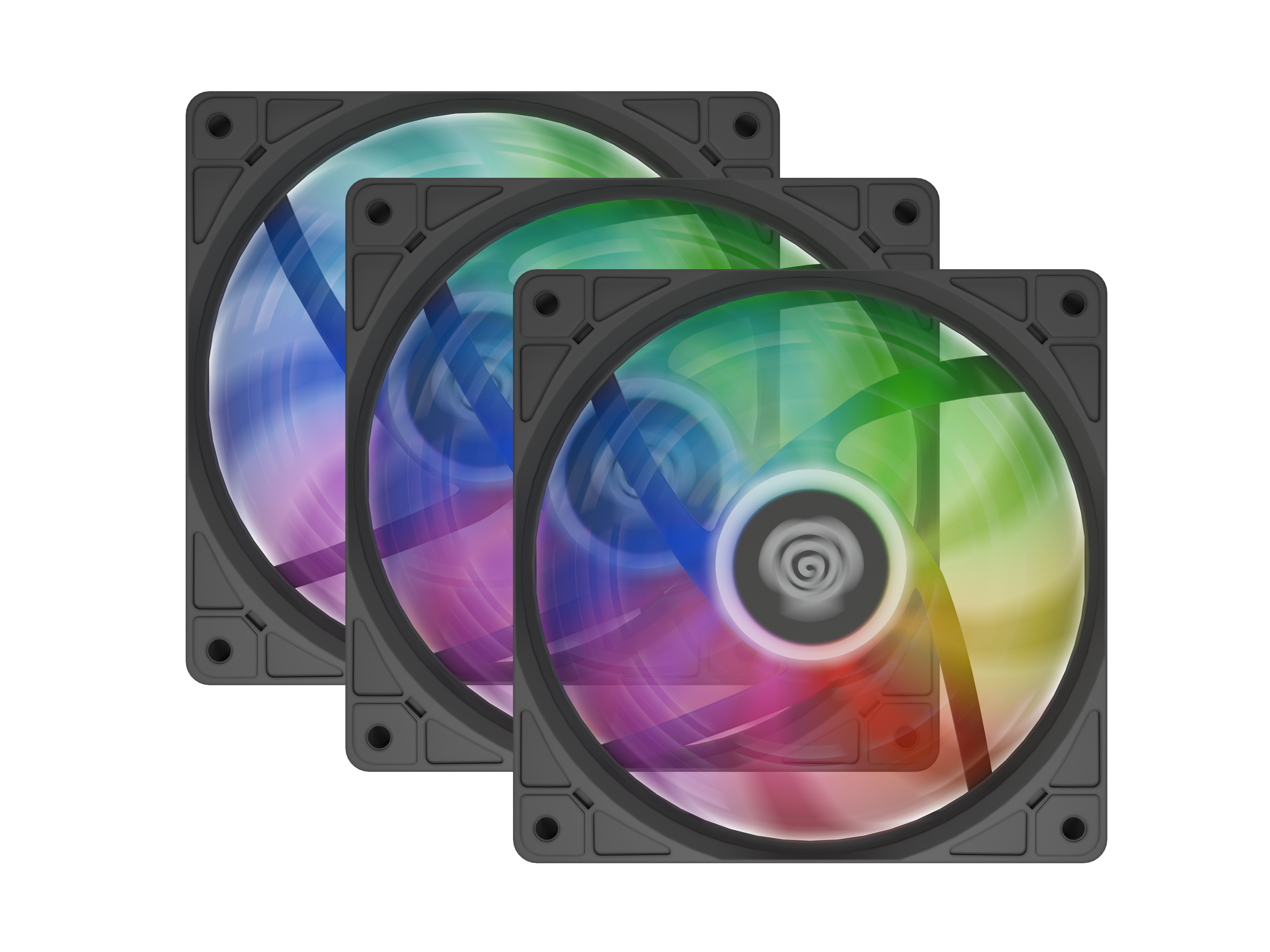 Trzy wentylatory z kolorowymi diodami LED, przesunięte od lewej do prawej.