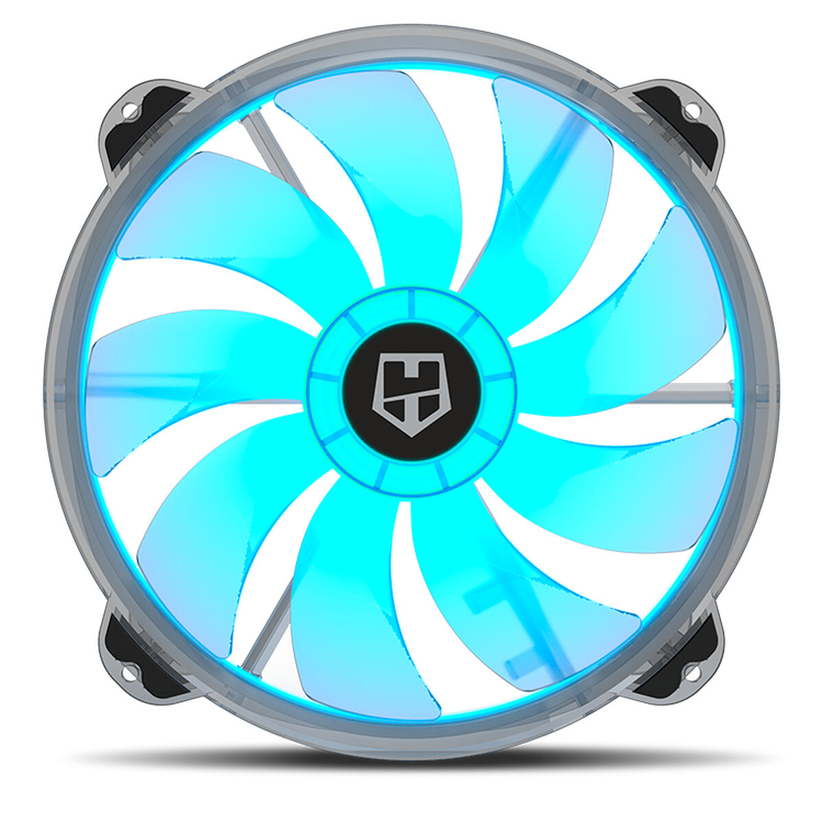 Ein blauer Computerlüfter mit neun Rotorblättern und schwarzem Logo.