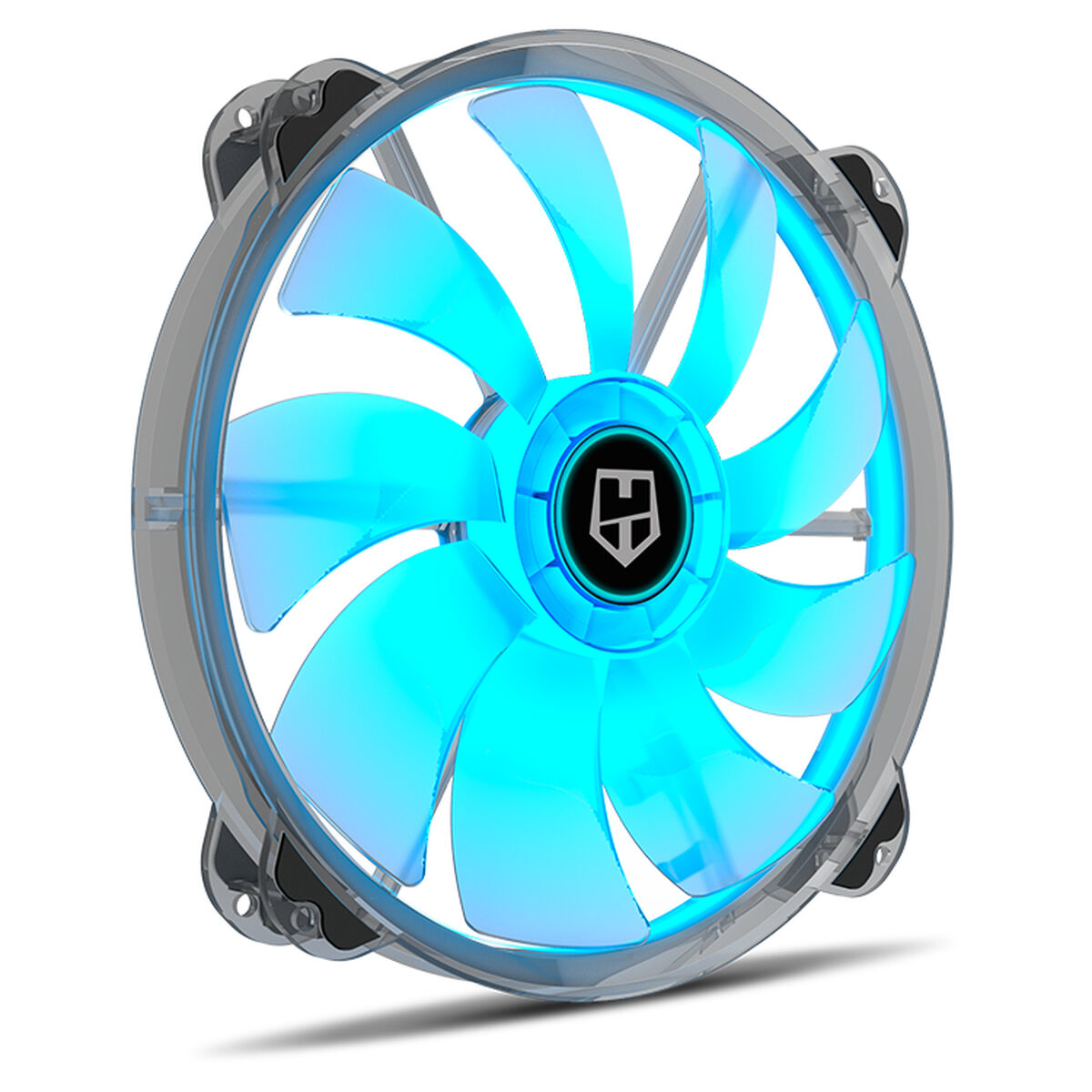 Ein computerlüfter mit blauen leuchtenden Rotorblättern und einem schwarzen Emblem in der Mitte.