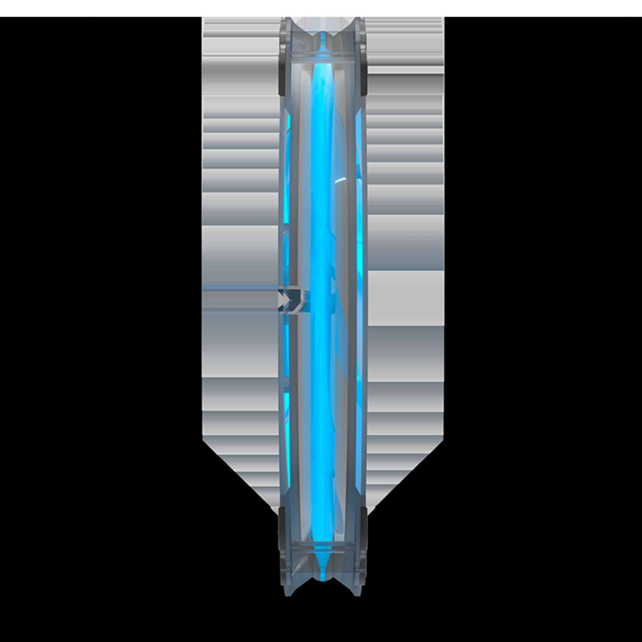 Ein beleuchteter Lüfter mit blauen LEDs auf schwarzem Hintergrund.