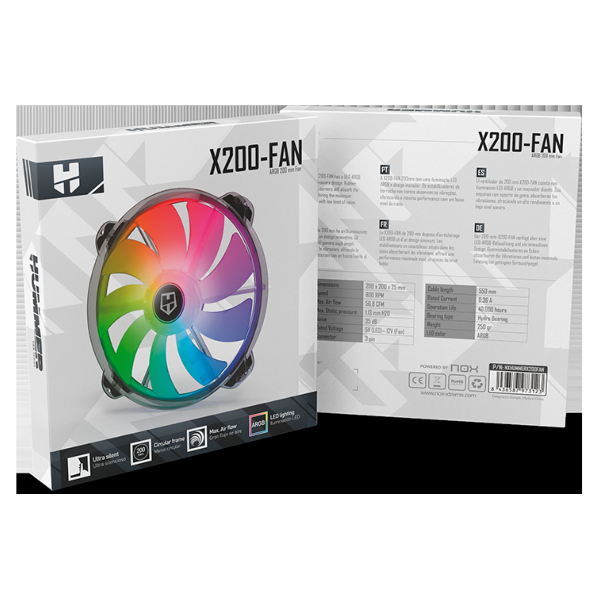 Ein ARGB PC-Lüfter mit RGB-Beleuchtung und schwarzem Rahmen auf weißer Verpackung.