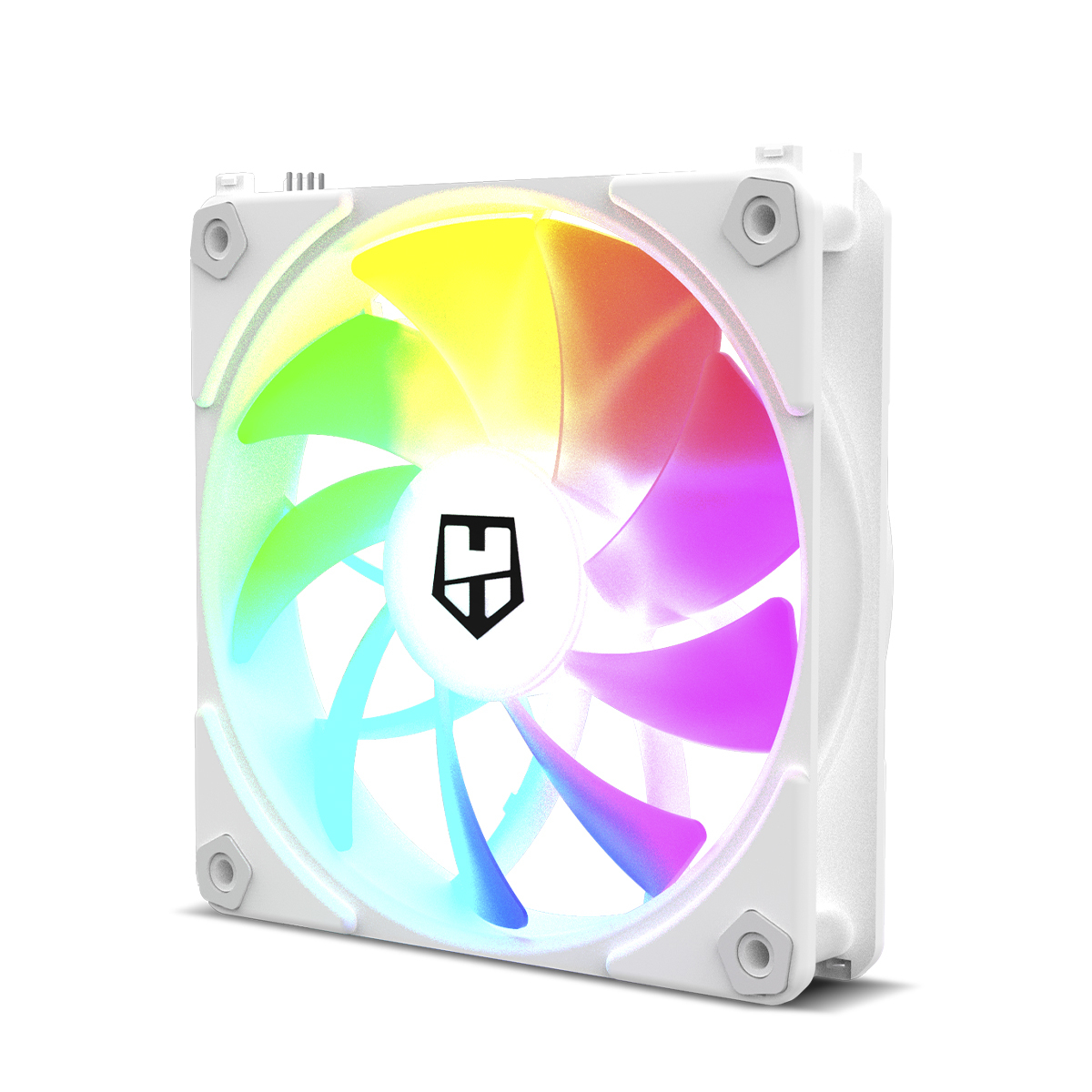 Ein weißer PC-Lüfter mit bunten RGB-LEDs und schwarzem Logo.
