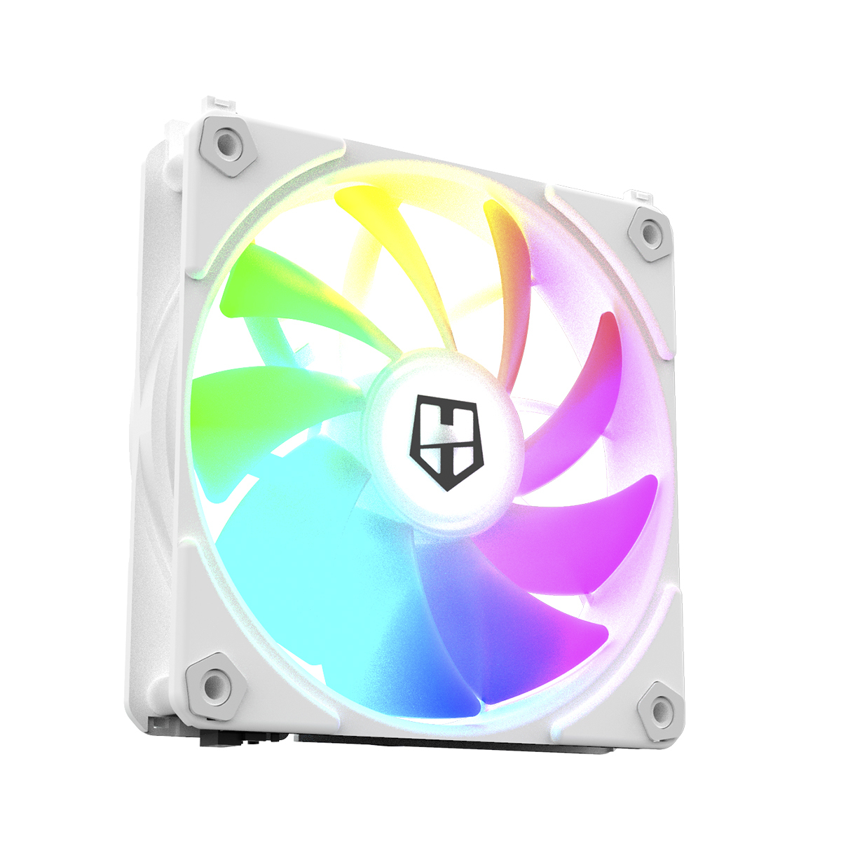 Ein weißer PC-Lüfter mit RGB-Beleuchtung leuchtet in Regenbogenfarben.