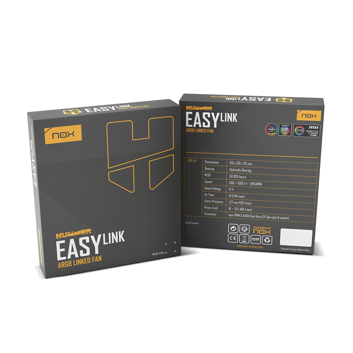 Zwei NOX EASY LINK ARGB Lüfter-Verpackungen. Eine zeigt ein H-Symbol, die andere Spezifikationen.