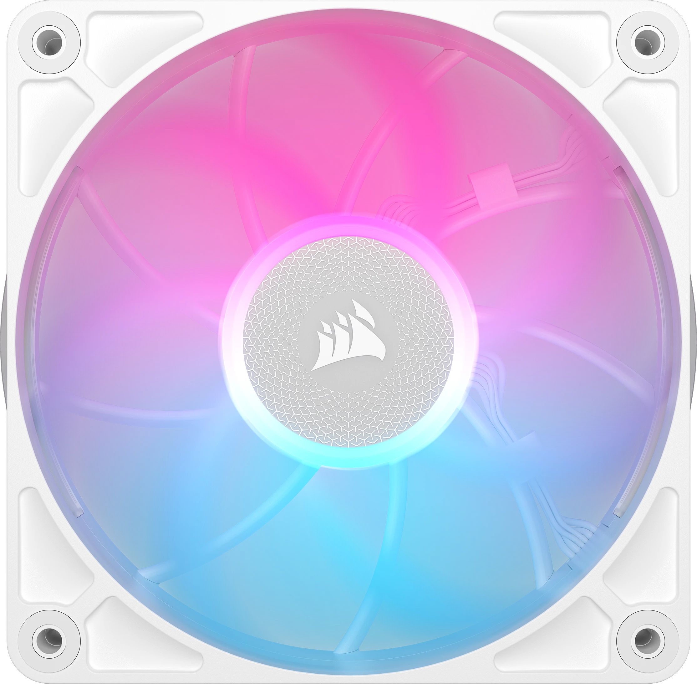 Biały wentylator komputerowy z różowo-niebieskim podświetleniem RGB.