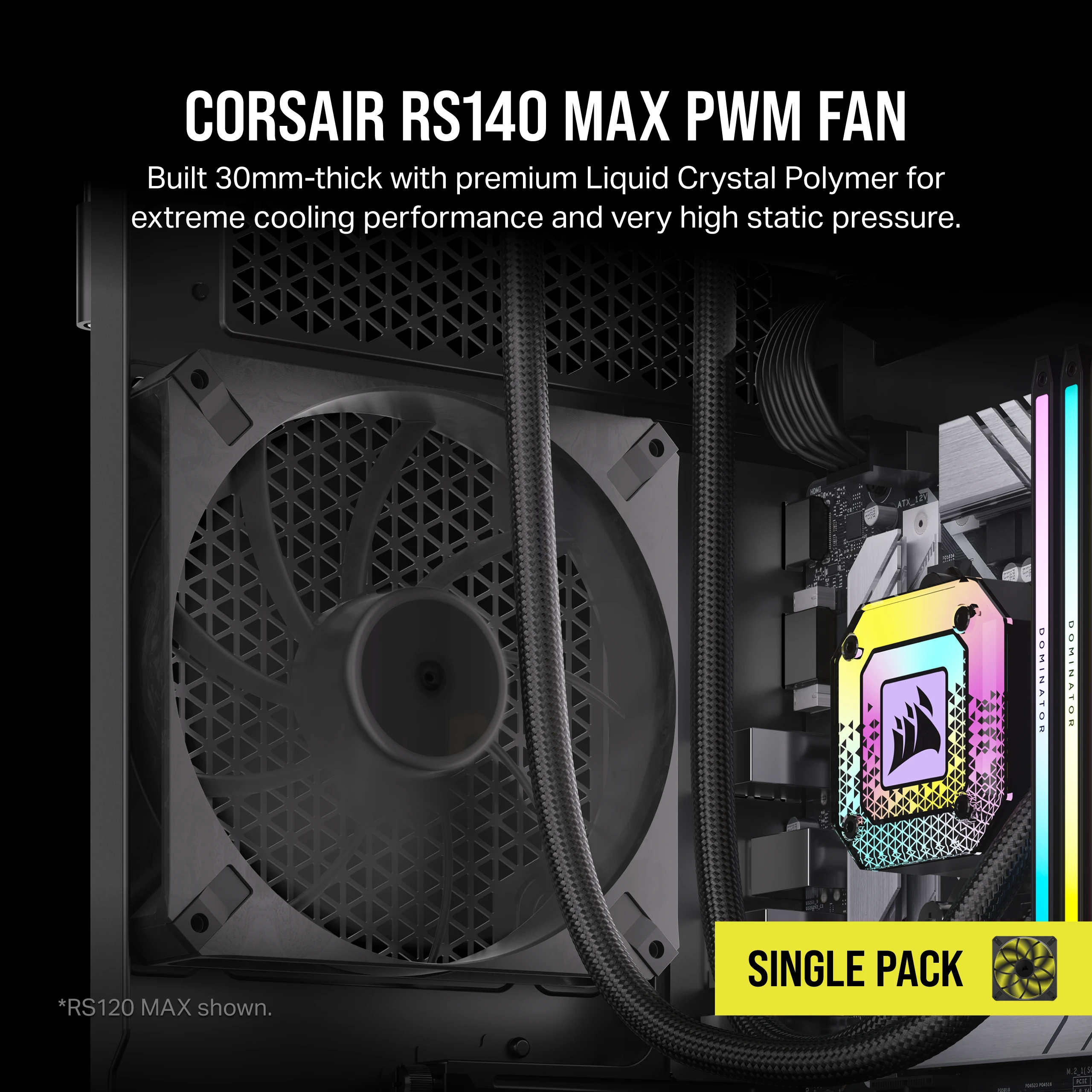Wentylator Corsair RS140 MAX PWM w obudowie komputera z podświetleniem RGB.
