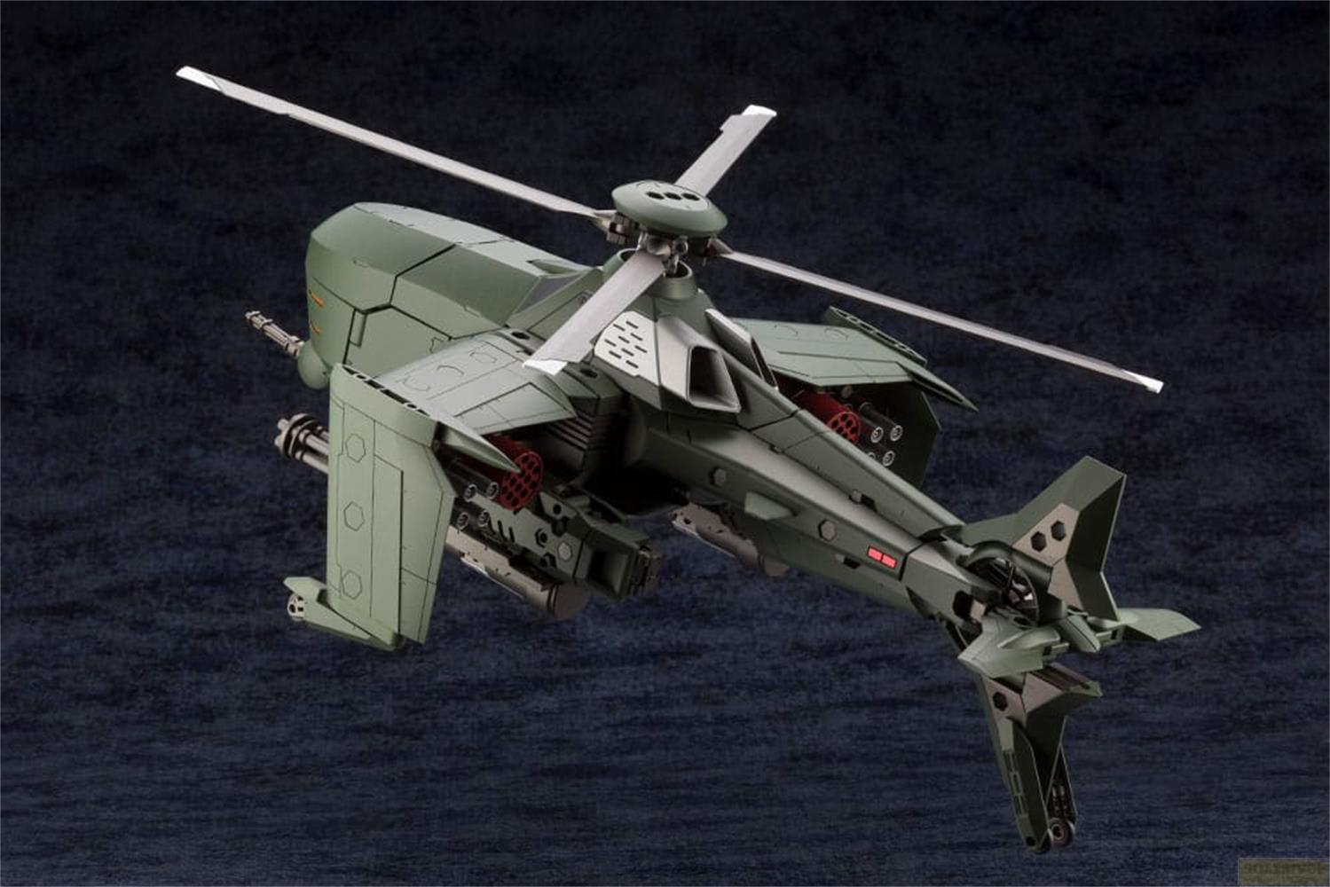 Grüner futuristischer Hubschrauber mit Waffen, auf dunklem Hintergrund.