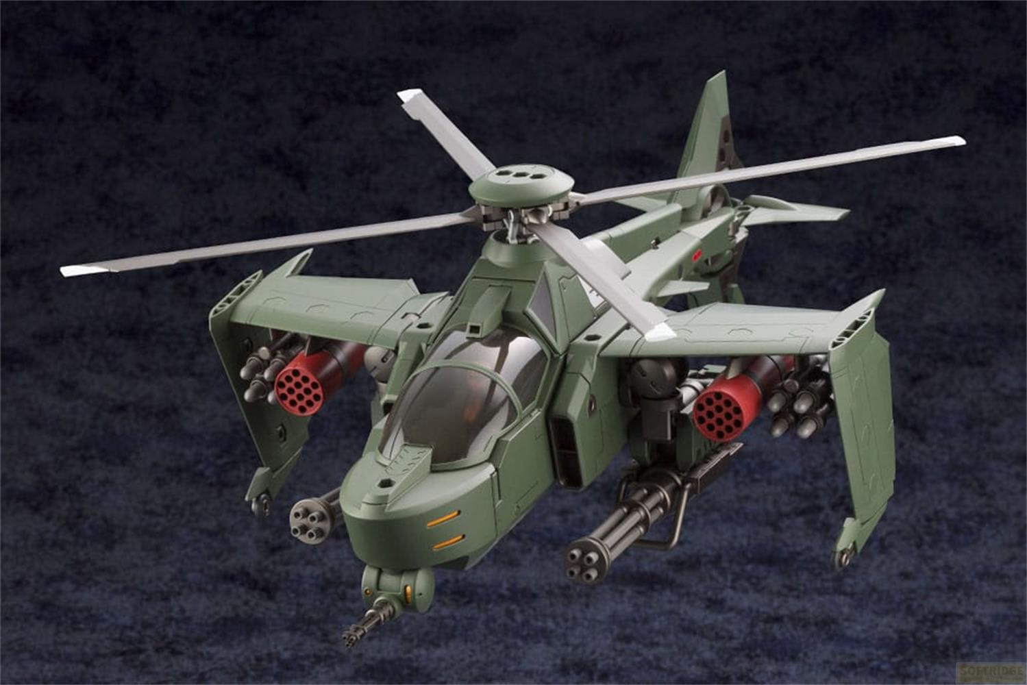 Ein grüner Kampfhubschrauber mit Raketen und Maschinengewehren vor dunklem Hintergrund.