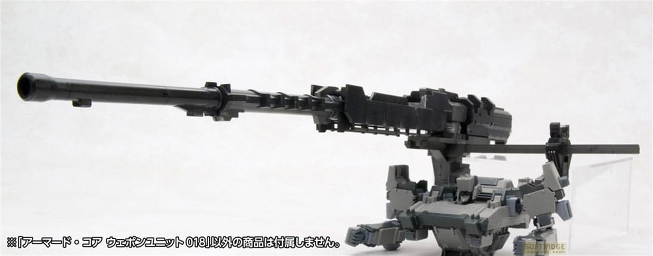 Ein graues mechanisches Modell mit einer langen schwarzen Kanone, vor weißem Hintergrund.