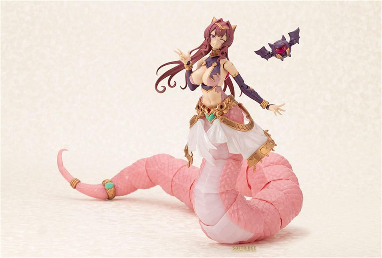 Eine Schlange-Frau-Figur mit rosa Schwanz und ein kleines Fledermaus-Wesen.