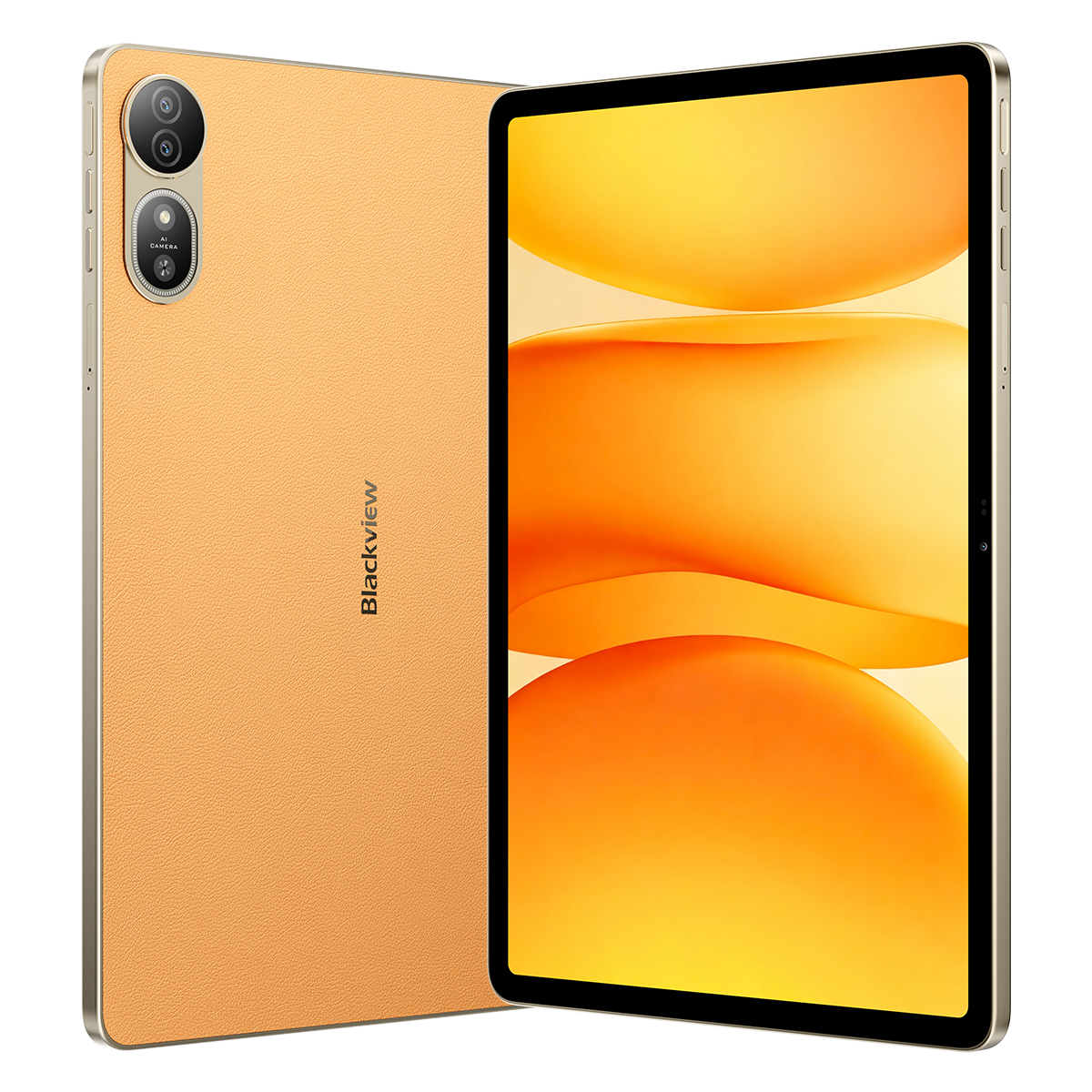 Orange tablet with dual cameras on the back. Screen shows abstract orange and yellow pattern.