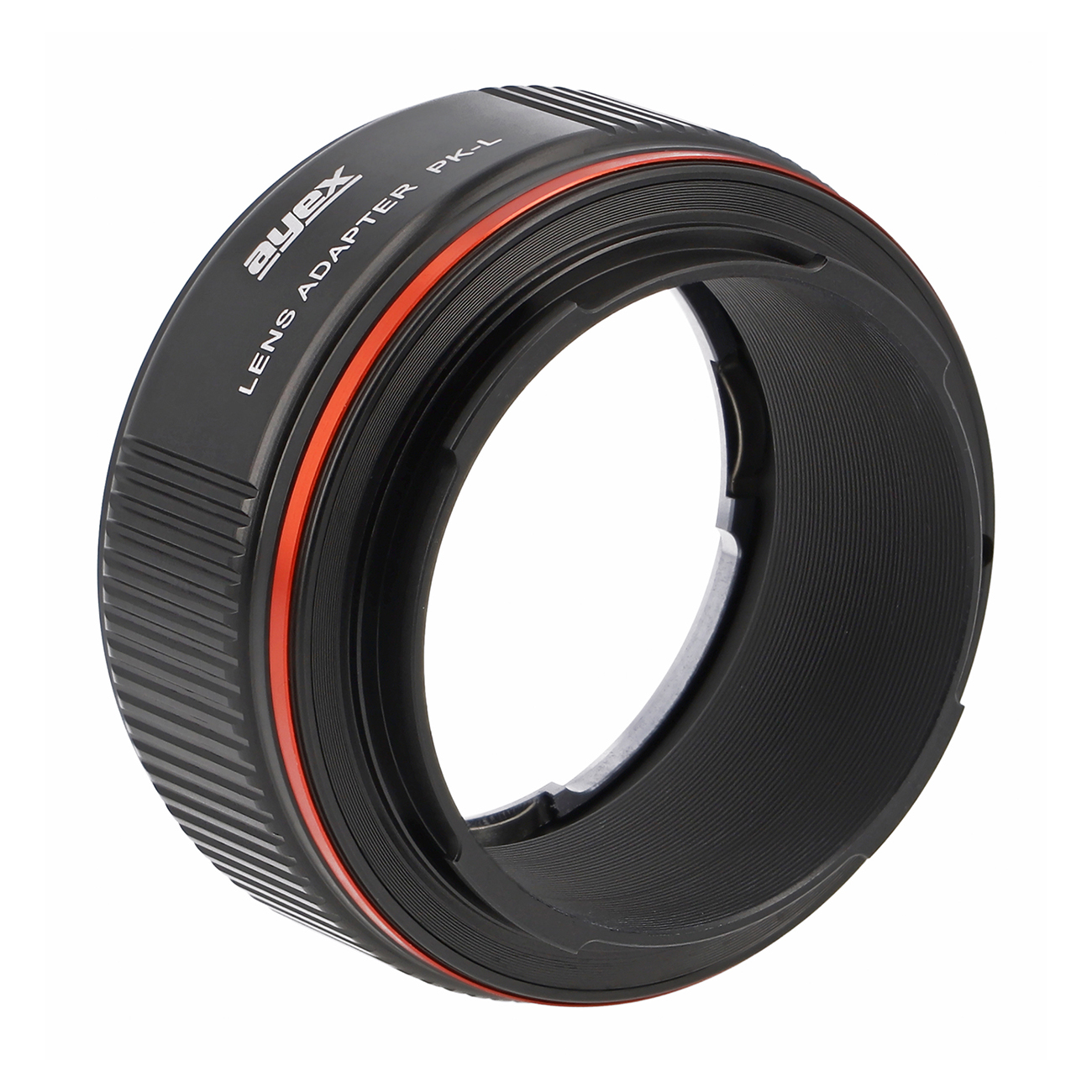 Ein schwarzer Objektivadapter mit rotem Ring und Aufschriften.