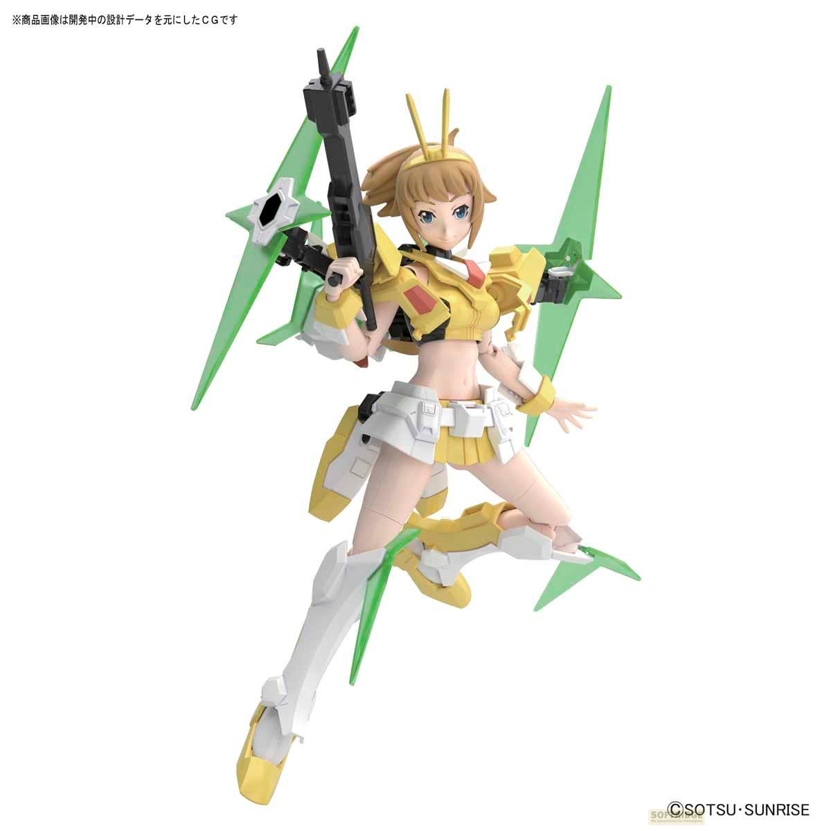 Une figurine jaune et blanche avec des ailes vertes tenant un pistolet.