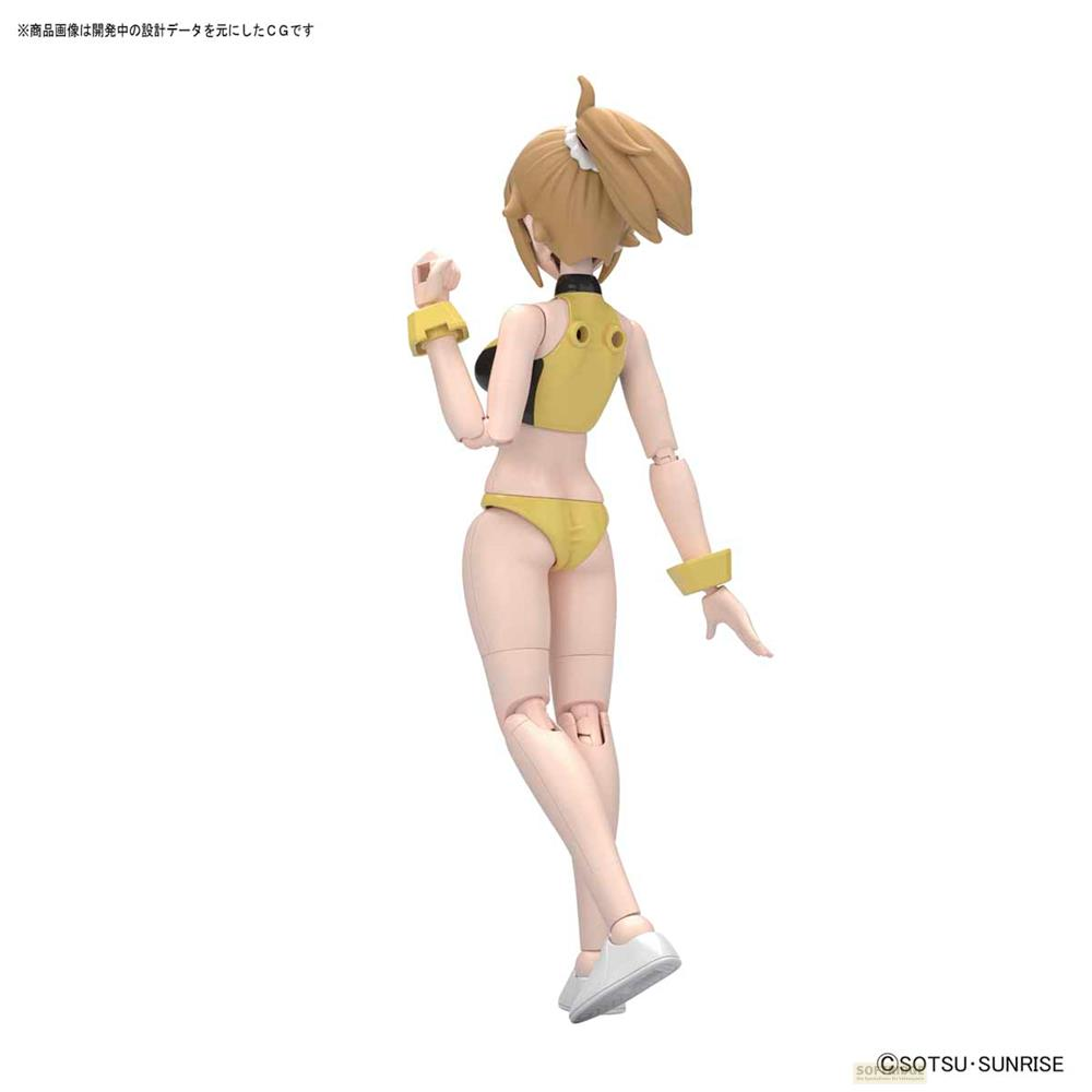 Une figurine avec un haut et une culotte jaunes, des membres brun clair et des chaussures blanches.