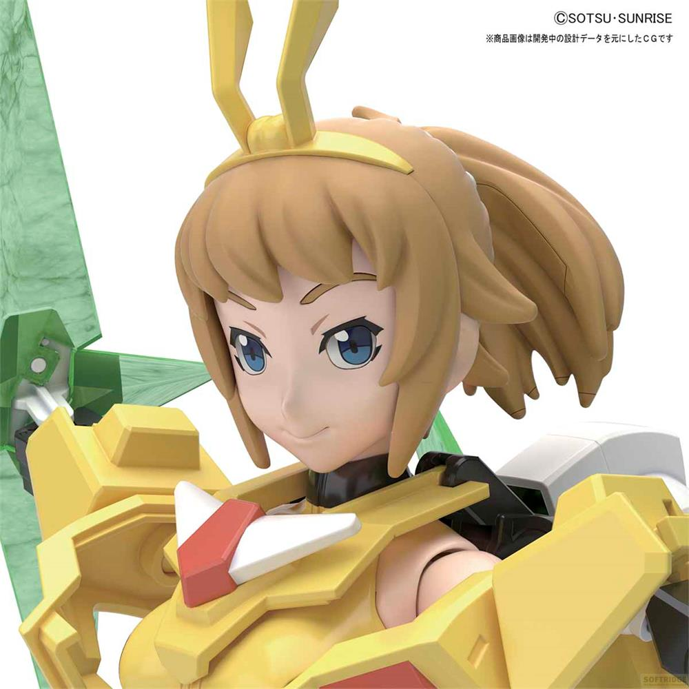 Une figurine d'anime en armure jaune avec des yeux bleus et des cheveux bruns.