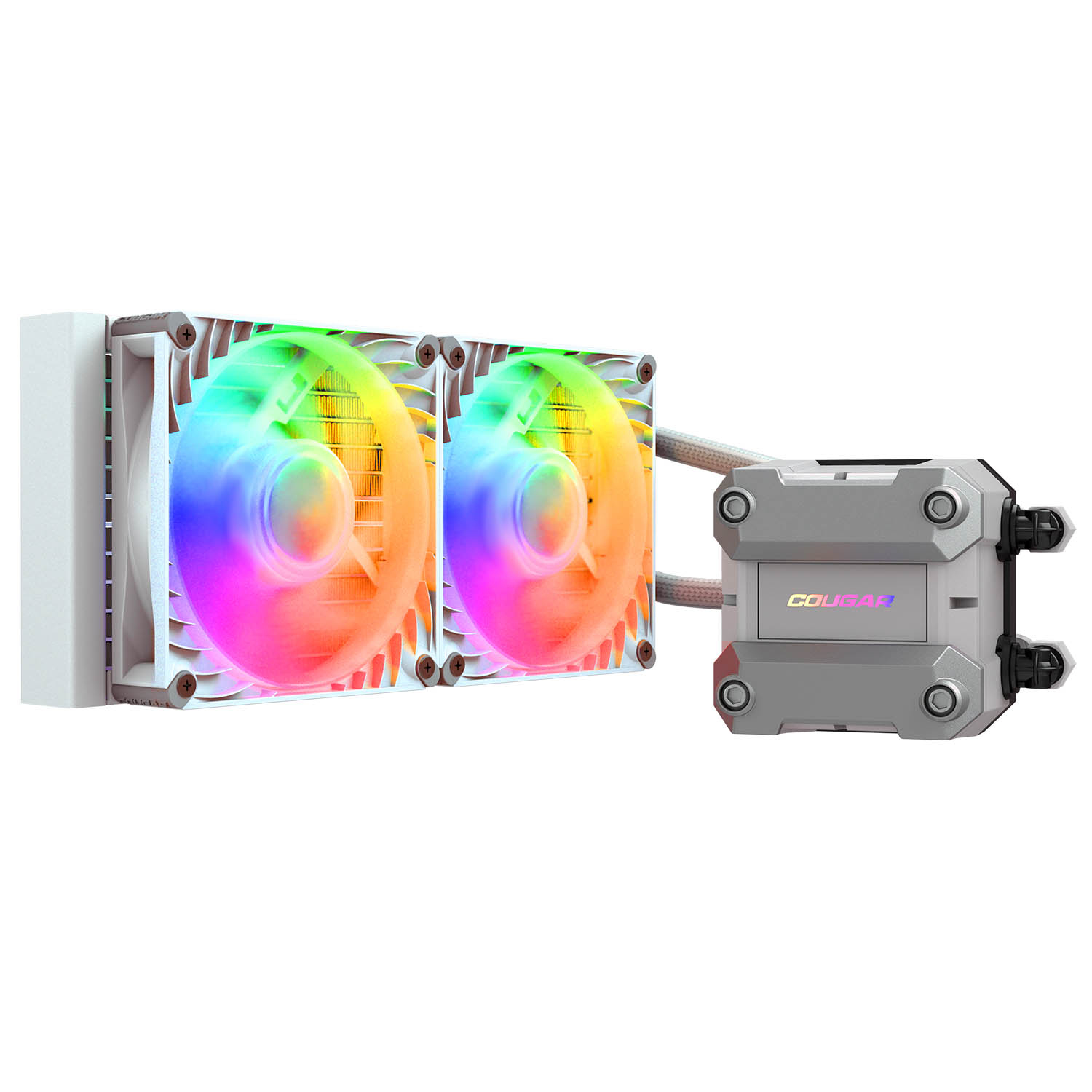 Een witte CPU-koeler met twee RGB-ventilatoren en een zilveren pomphuis.