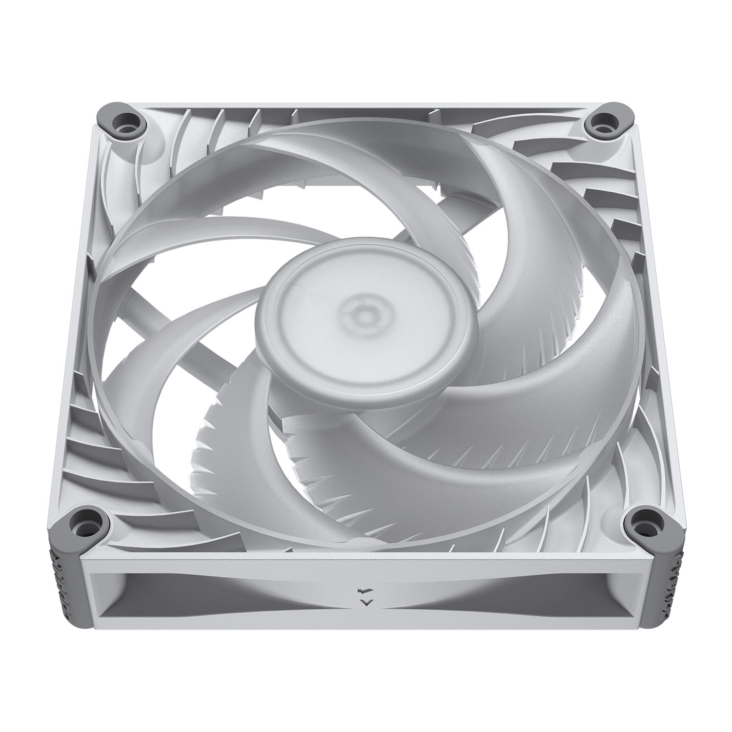 Een witte computer ventilator met grijze rubberen voetjes in de hoeken.