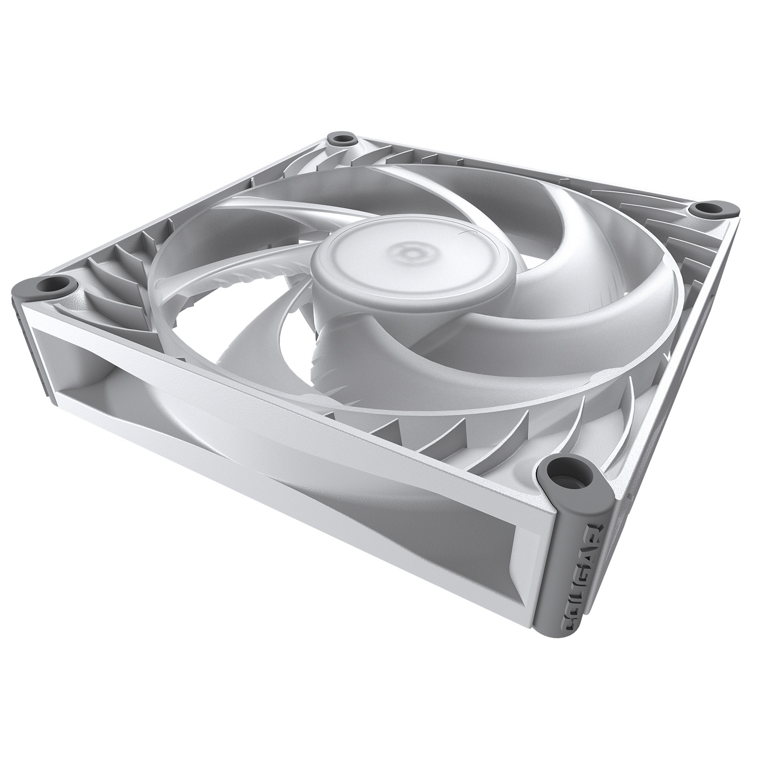 Een witte computer ventilator met grijze accenten op witte achtergrond.