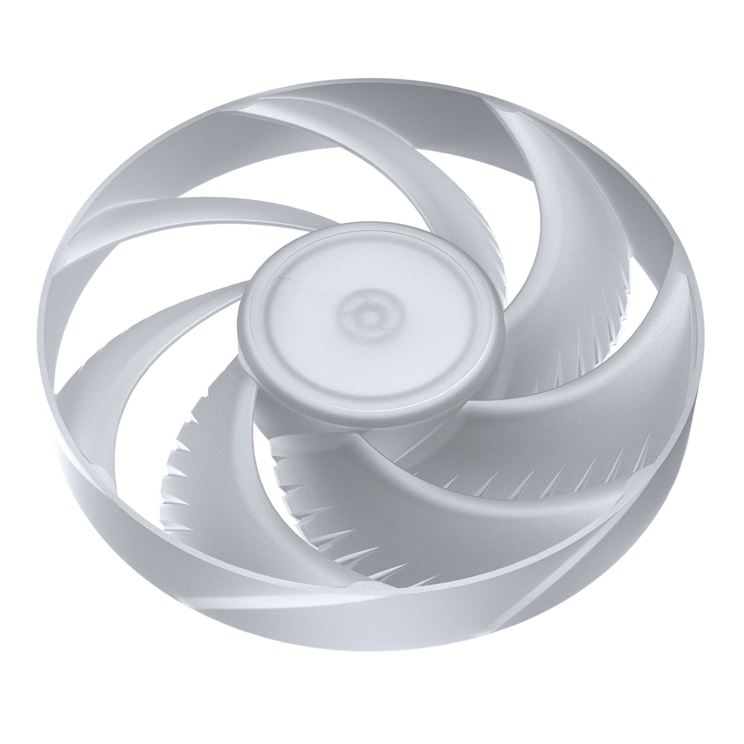 Een witte ventilator met gebogen bladen en een centrale naaf.