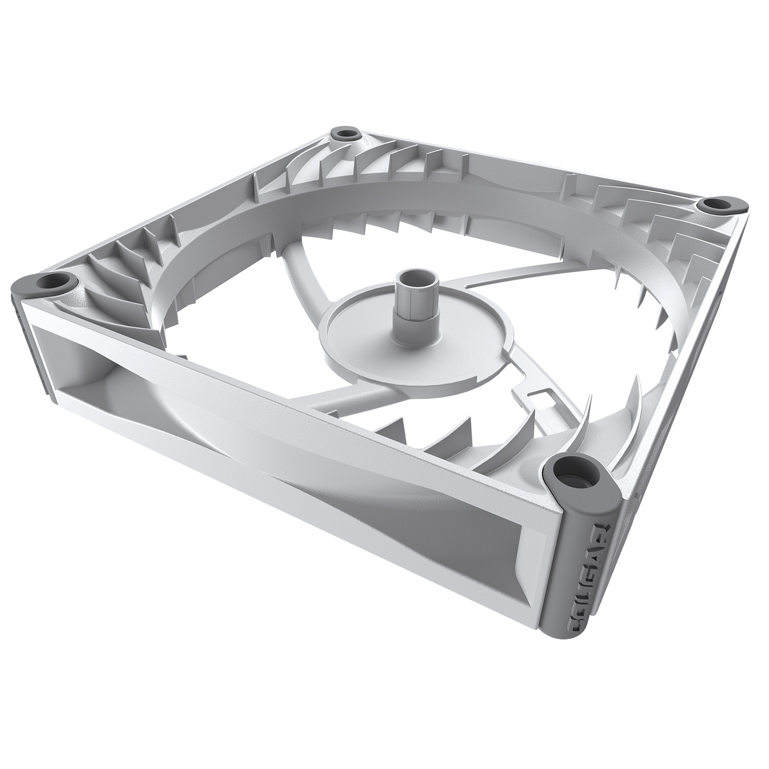 Een wit ventilatorframe met grijze rubberen dempers en logo.