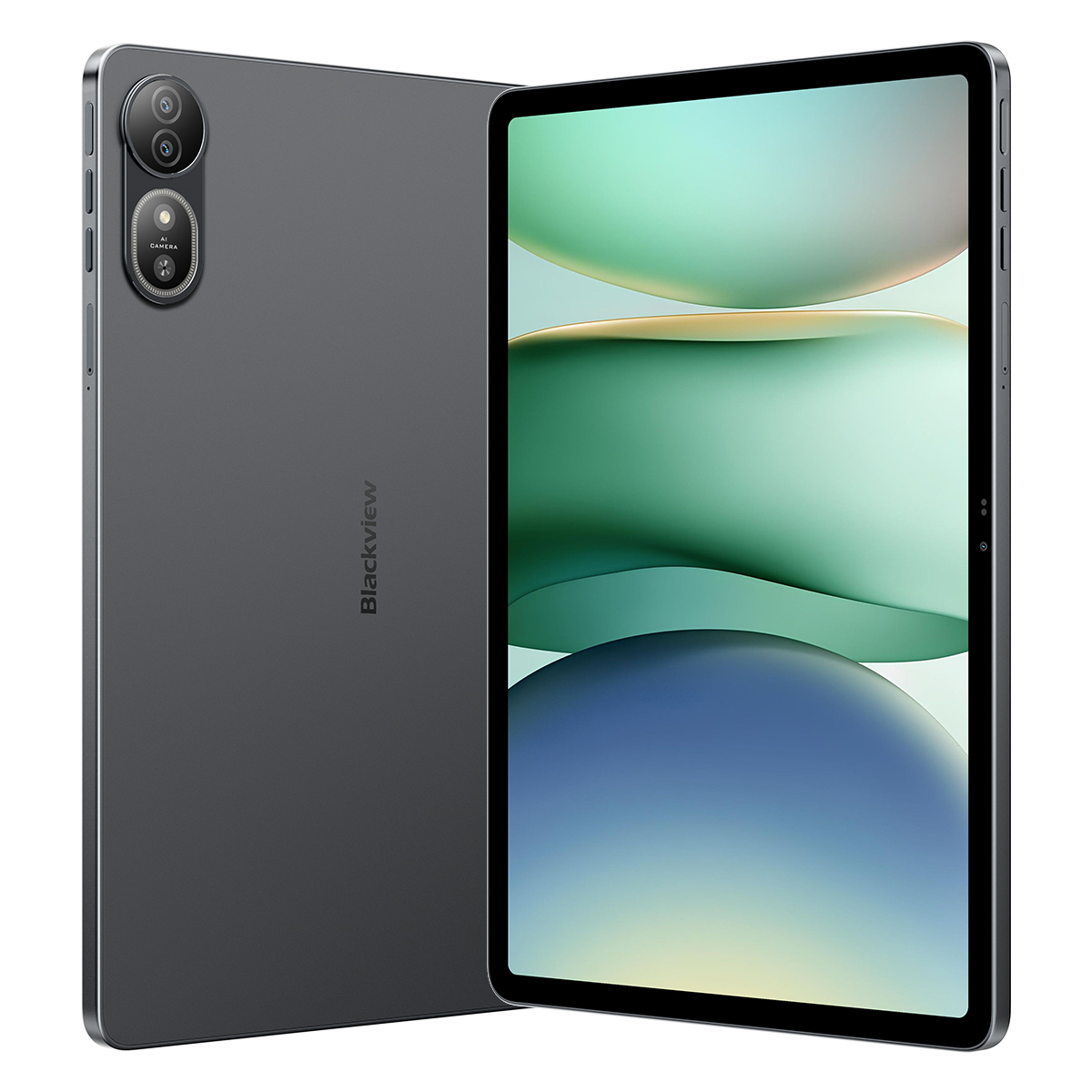 Een donkergrijze tablet met dubbele camera's achteraan en een kleurrijk voorscherm.