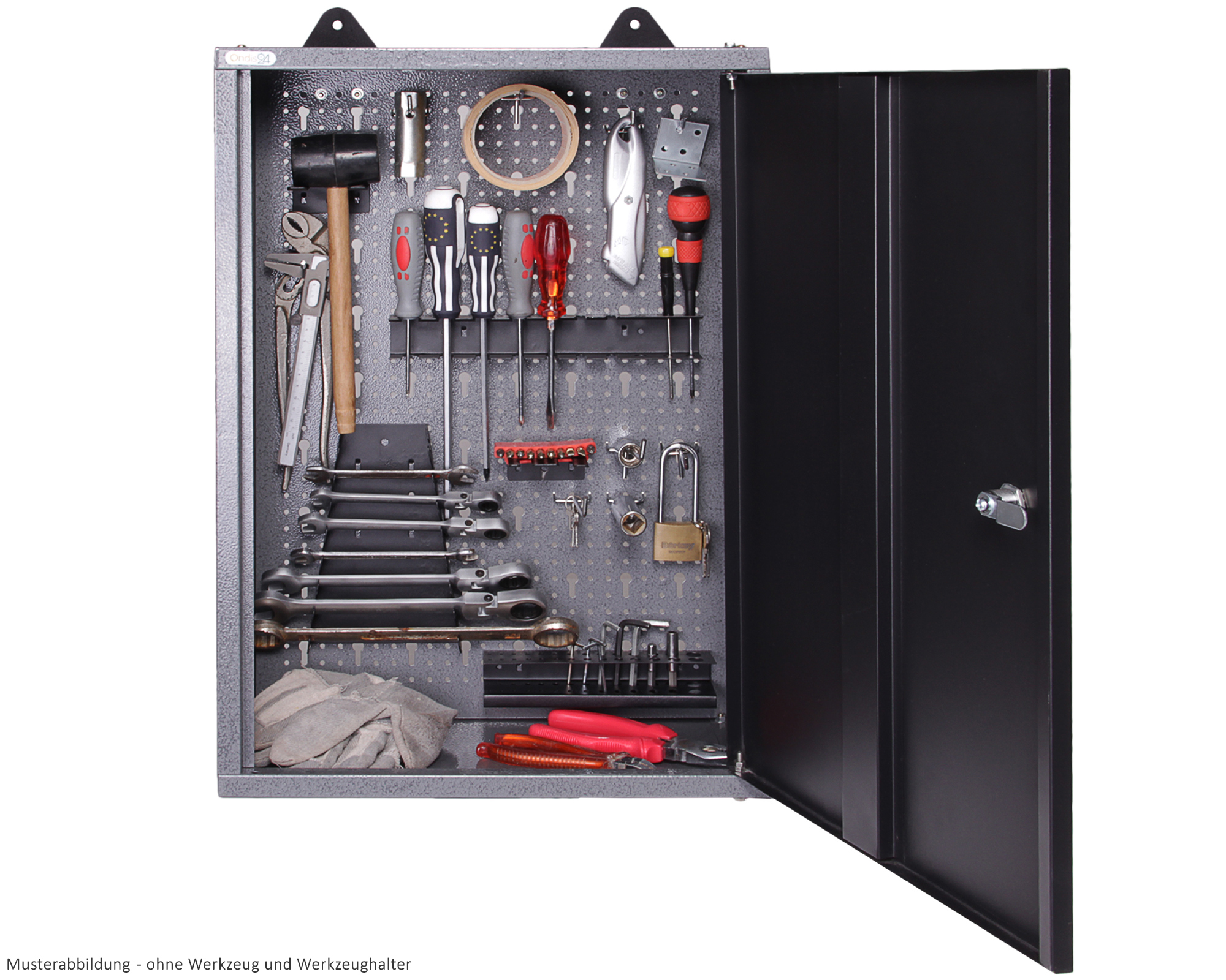 Werkzeugschrank mit offenem Fach und verschiedenen Werkzeugen, Schraubenschlüsseln und Zangen.