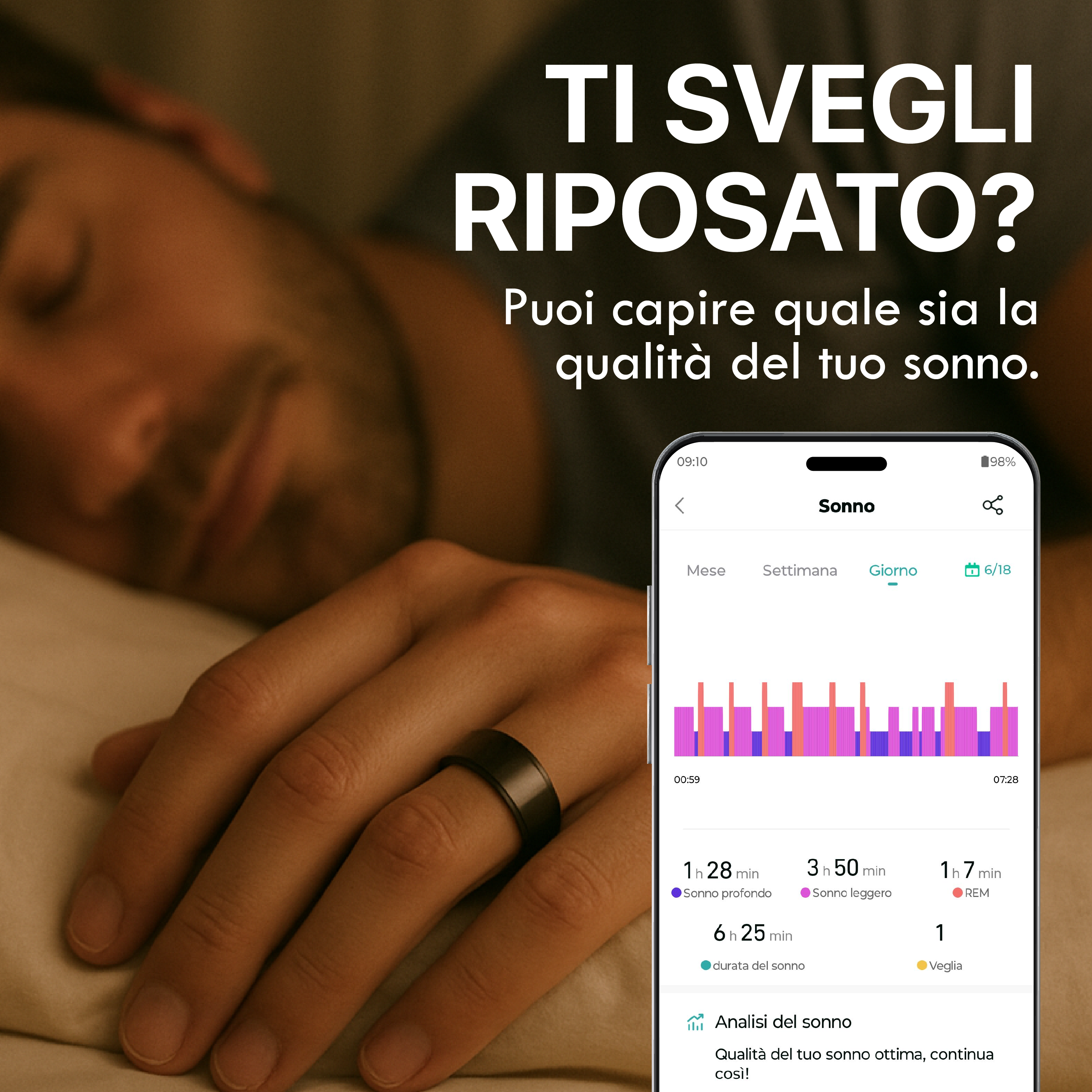 Ein Mann schläft, mit einem Smartphone, das eine Schlafanalyse zeigt.