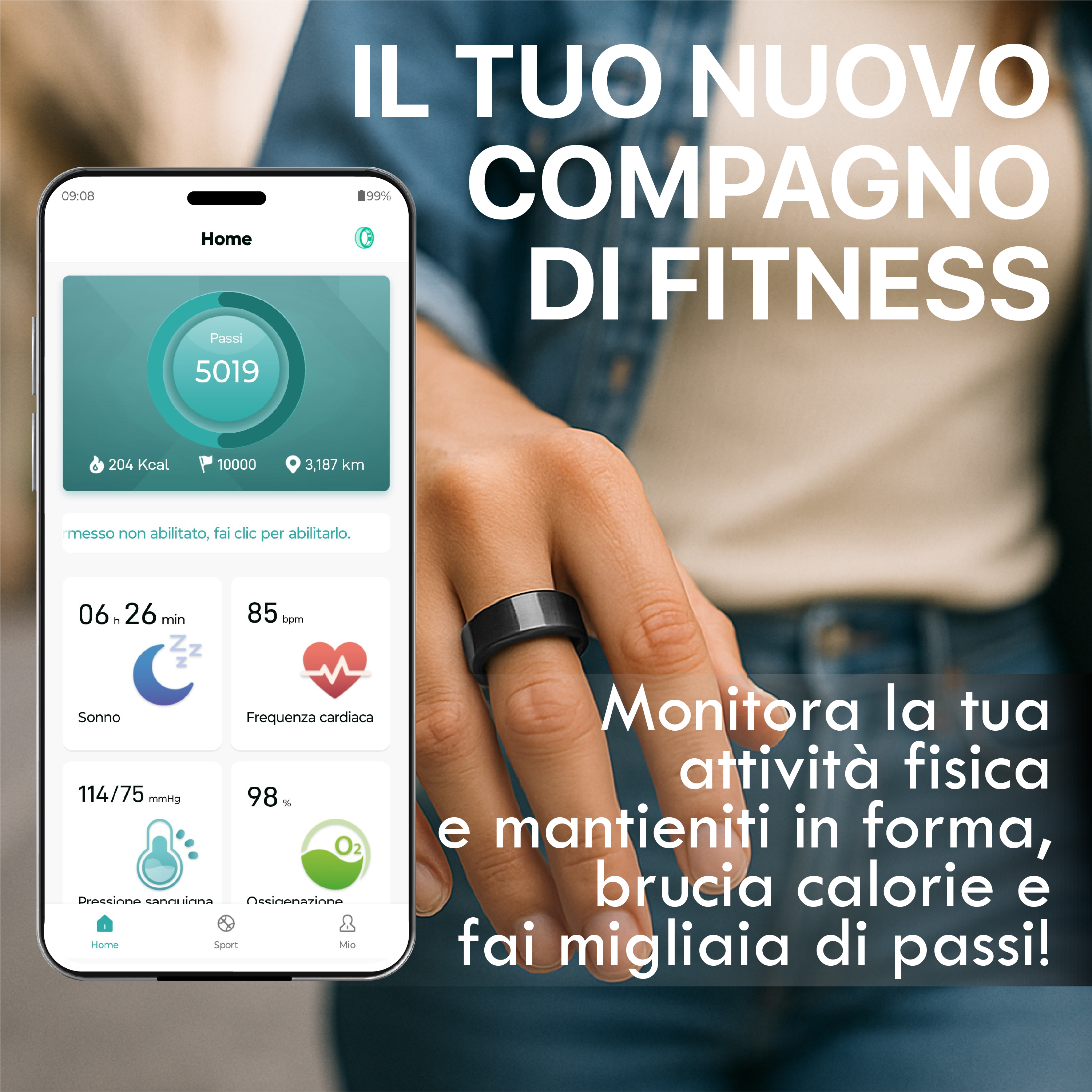 Eine Hand trägt einen schwarzen Fitnessring. Eine App zeigt Schritte, Kalorien und Schlaf.