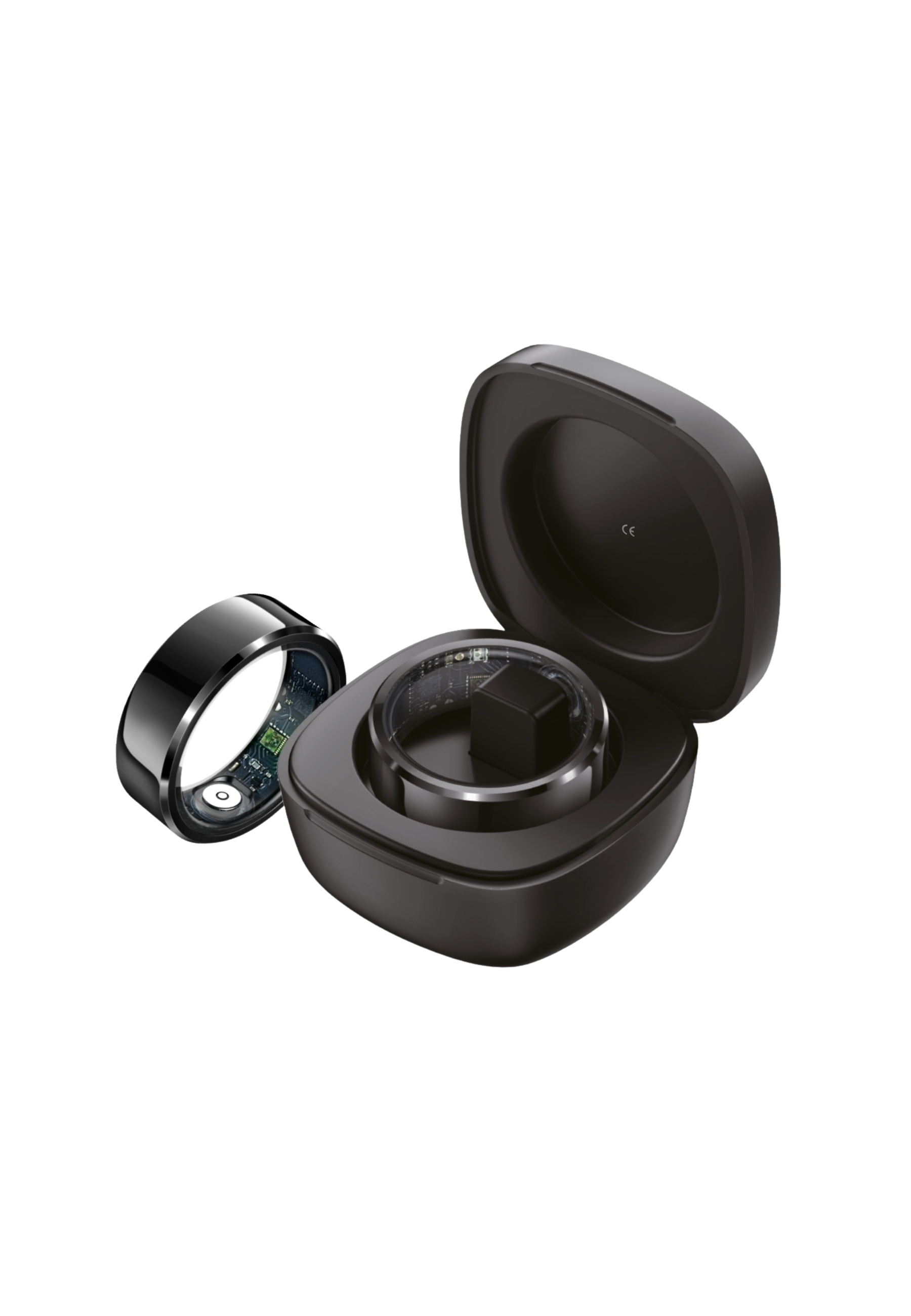 Ein schwarzer Ring mit Leiterplatte liegt neben einer offenen schwarzen Ladebox.