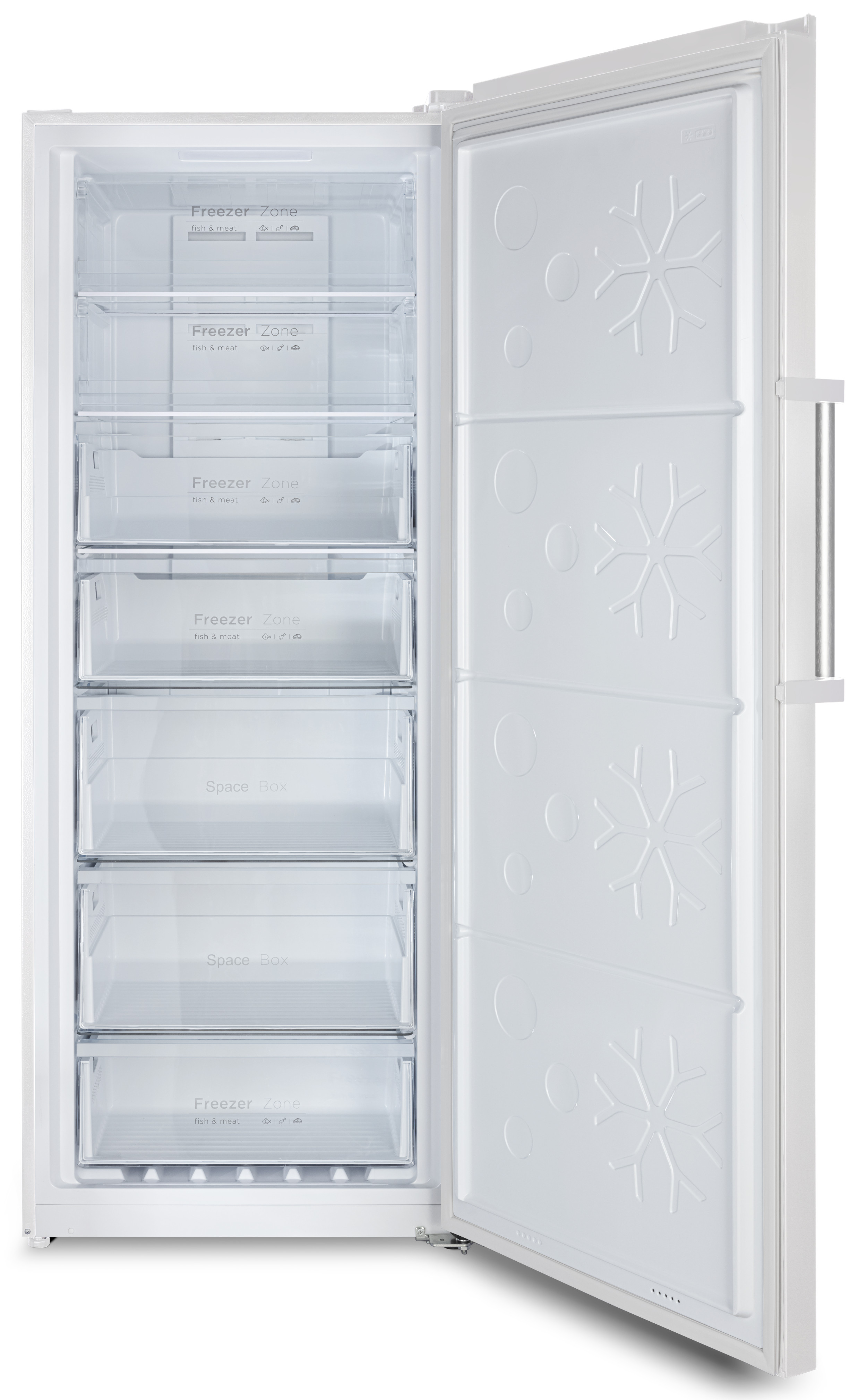 Ein weißer Gefrierschrank mit offenen Türen, sichtbaren Schubladen und Schneeflockenmuster.