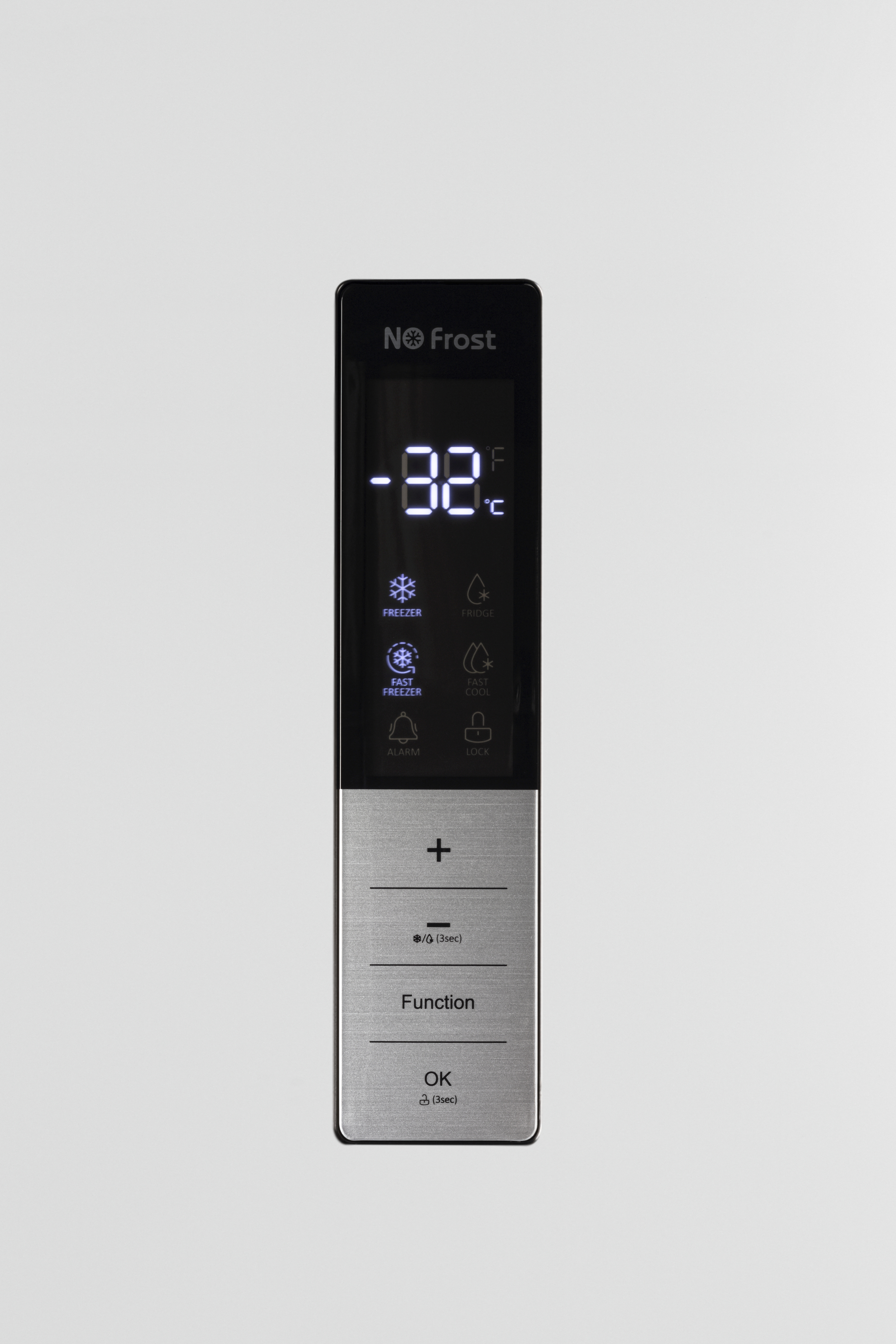 Digitalanzeige zeigt -32F/C. Symbole für Gefrierfach, Kühlschrank, Schnellgefrieren, Schnellkühlen, Alarm, Sperre.