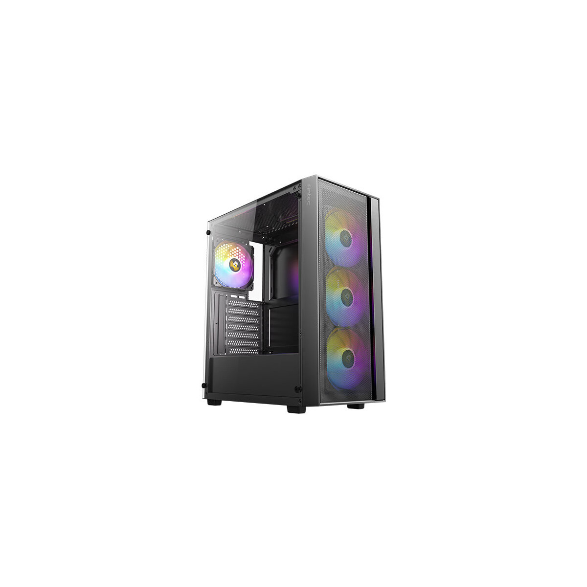 Un case per PC nero con frontale in vetro e ventole RGB.