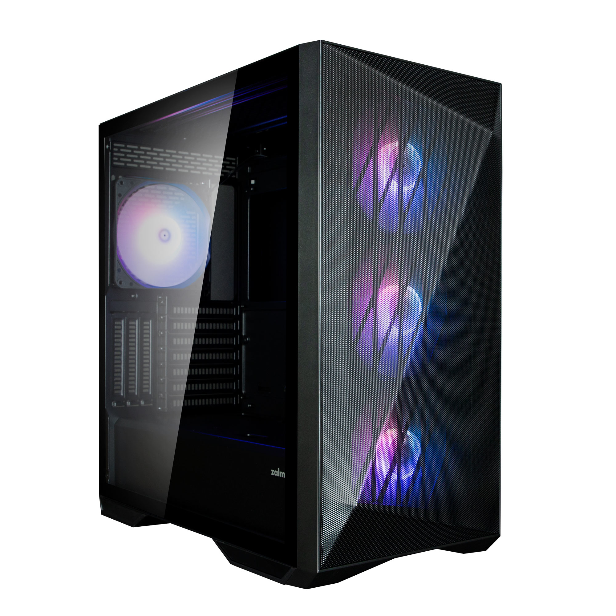 Boîtier PC noir avec fenêtre en verre et ventilateurs RVB.