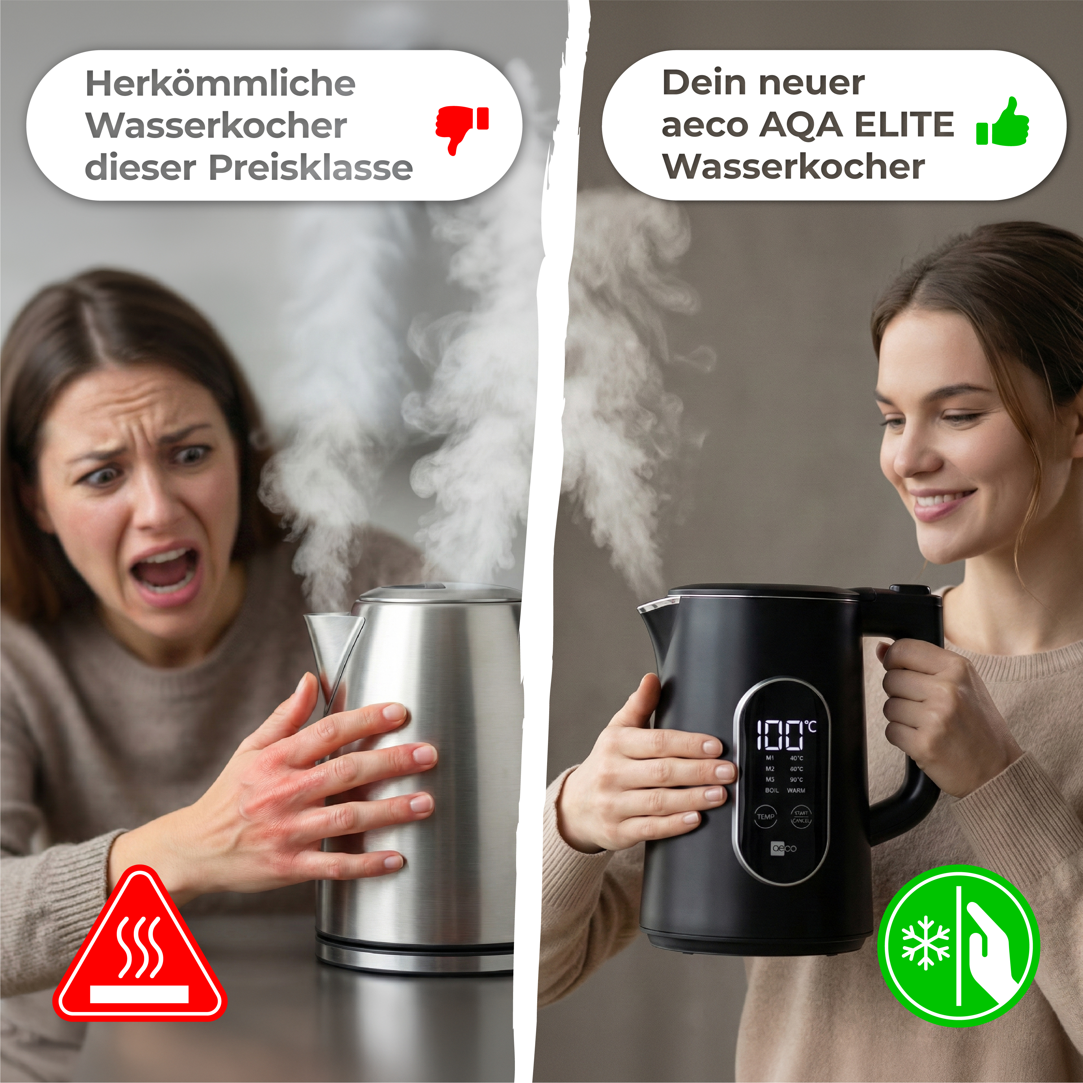 Vergleich zweier Wasserkocher: links ein heißer, rechts ein kühler mit Display.